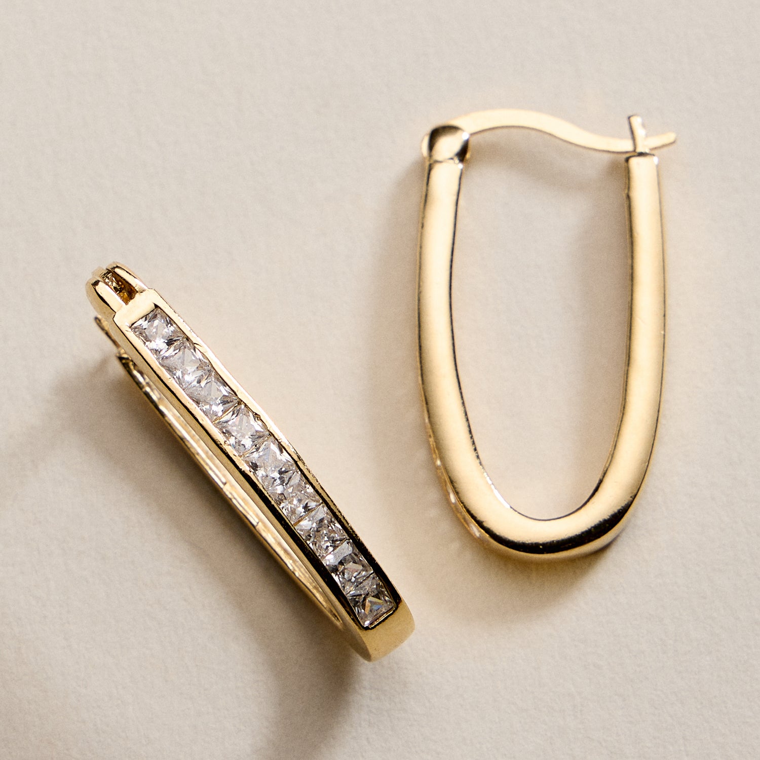 Gold Filled Oval Hoop Earrings with Channel Set CZ Stones