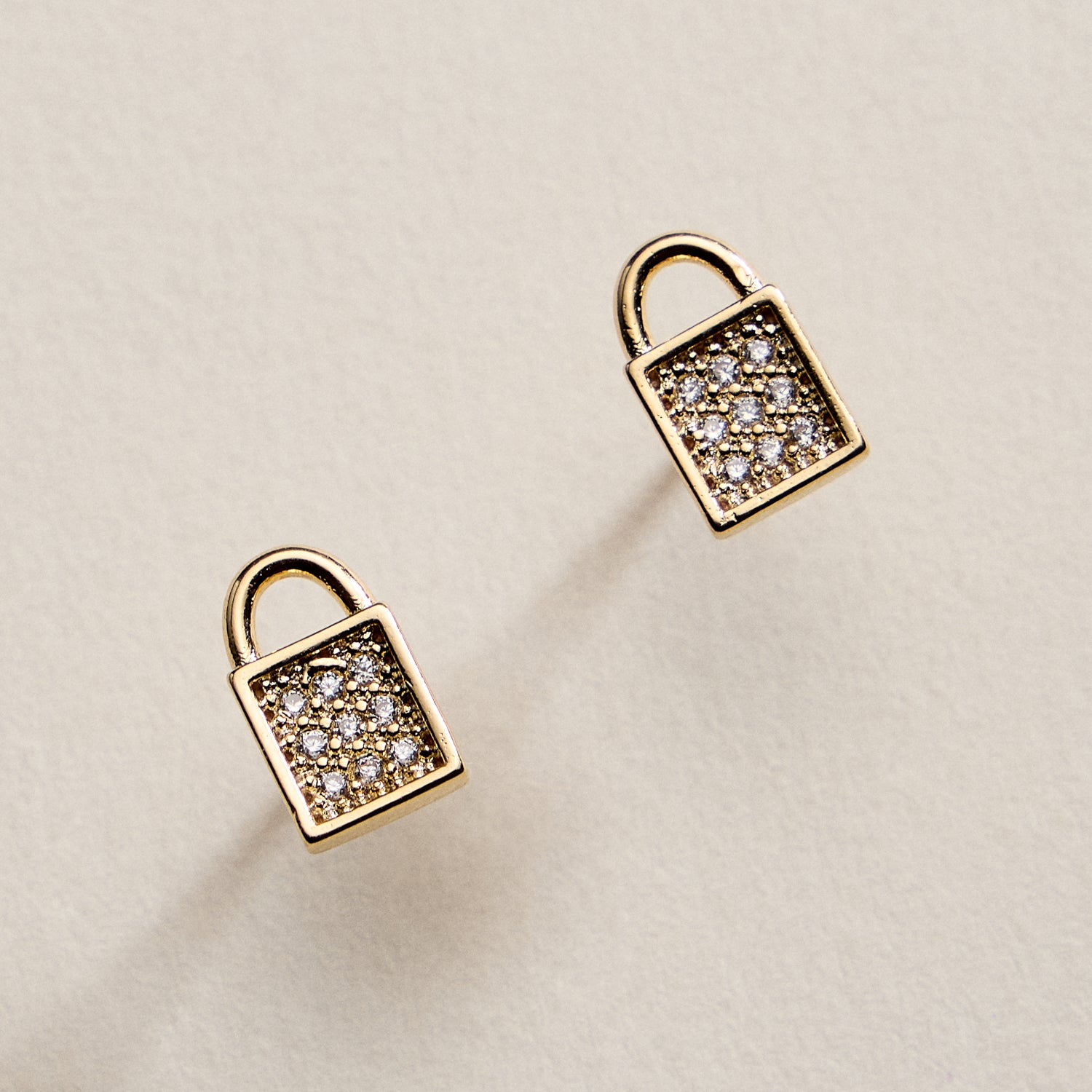 Gold Filled Padlock Stud Earrings with CZ Pave