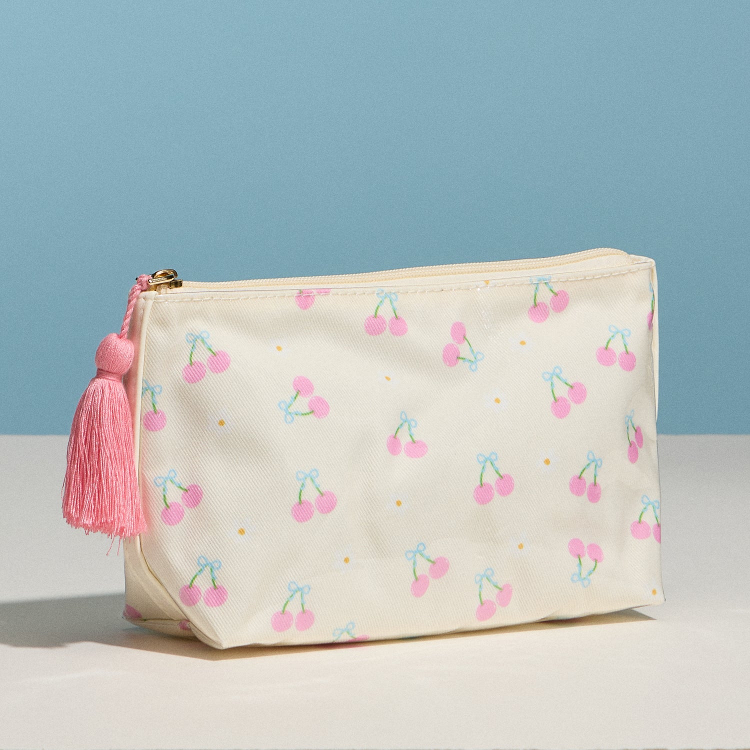Cherry Print Cosmetic Pouch – Zipper Makeup Bag with Tassel