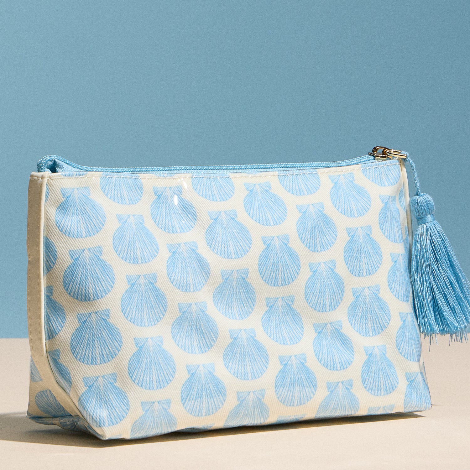 Blue Seashell Print Cosmetic Pouch – Zipper Makeup Bag with Tassel