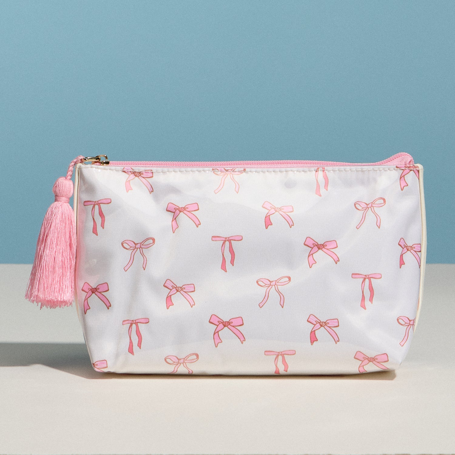 Cotton Bow Print Cosmetic Pouch — Pink Tassel