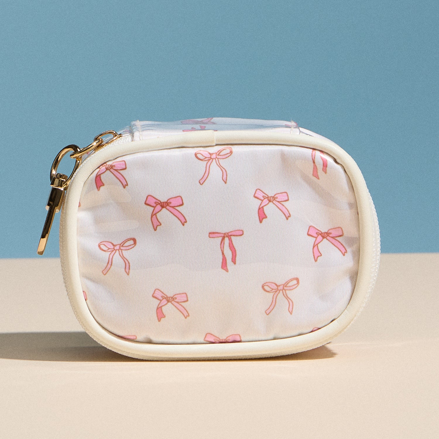 Pink Bow Mini Cosmetic Pouch with Clip – Quilted Zip Travel Coin & Bag Charm - Frem