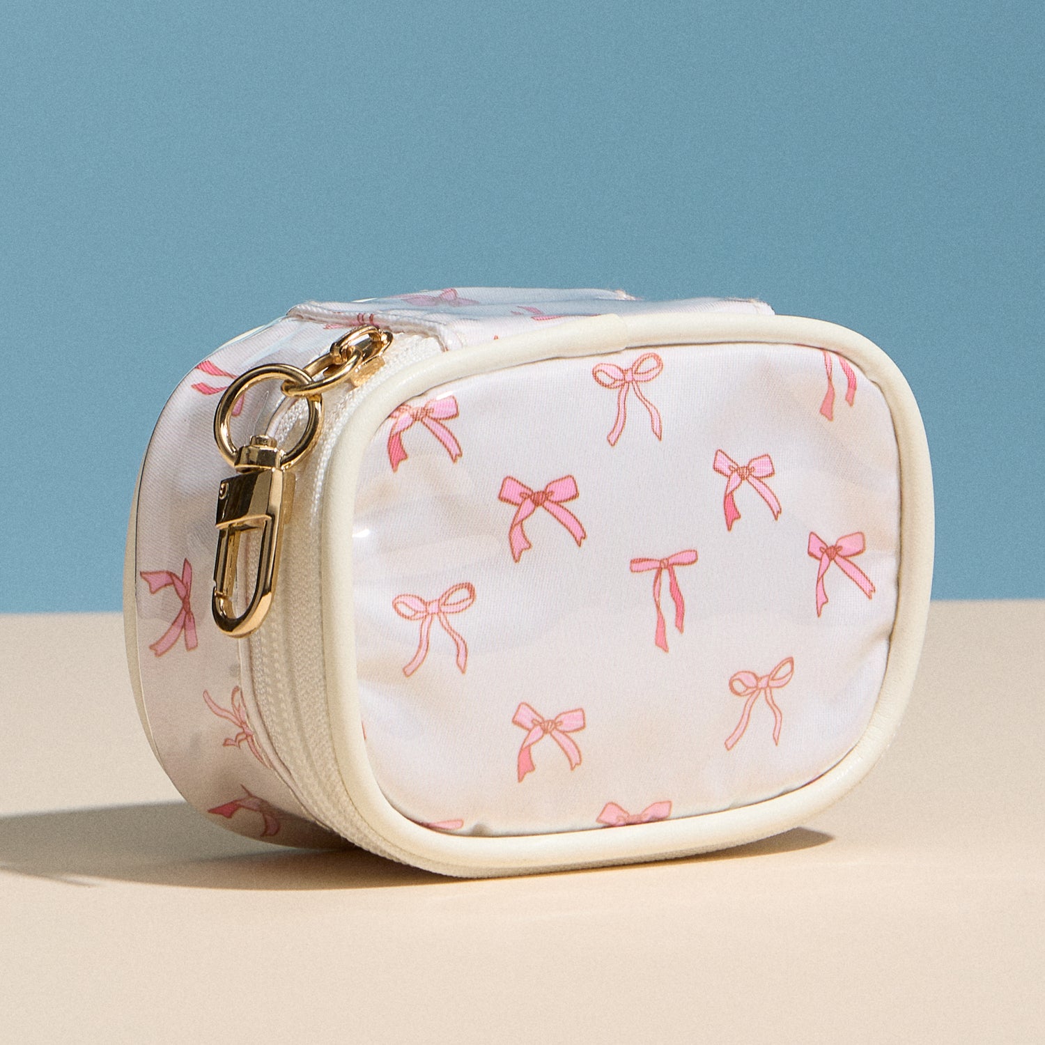 Pink Bow Mini Cosmetic Pouch with Clip – Quilted Zip Travel Coin & Bag Charm