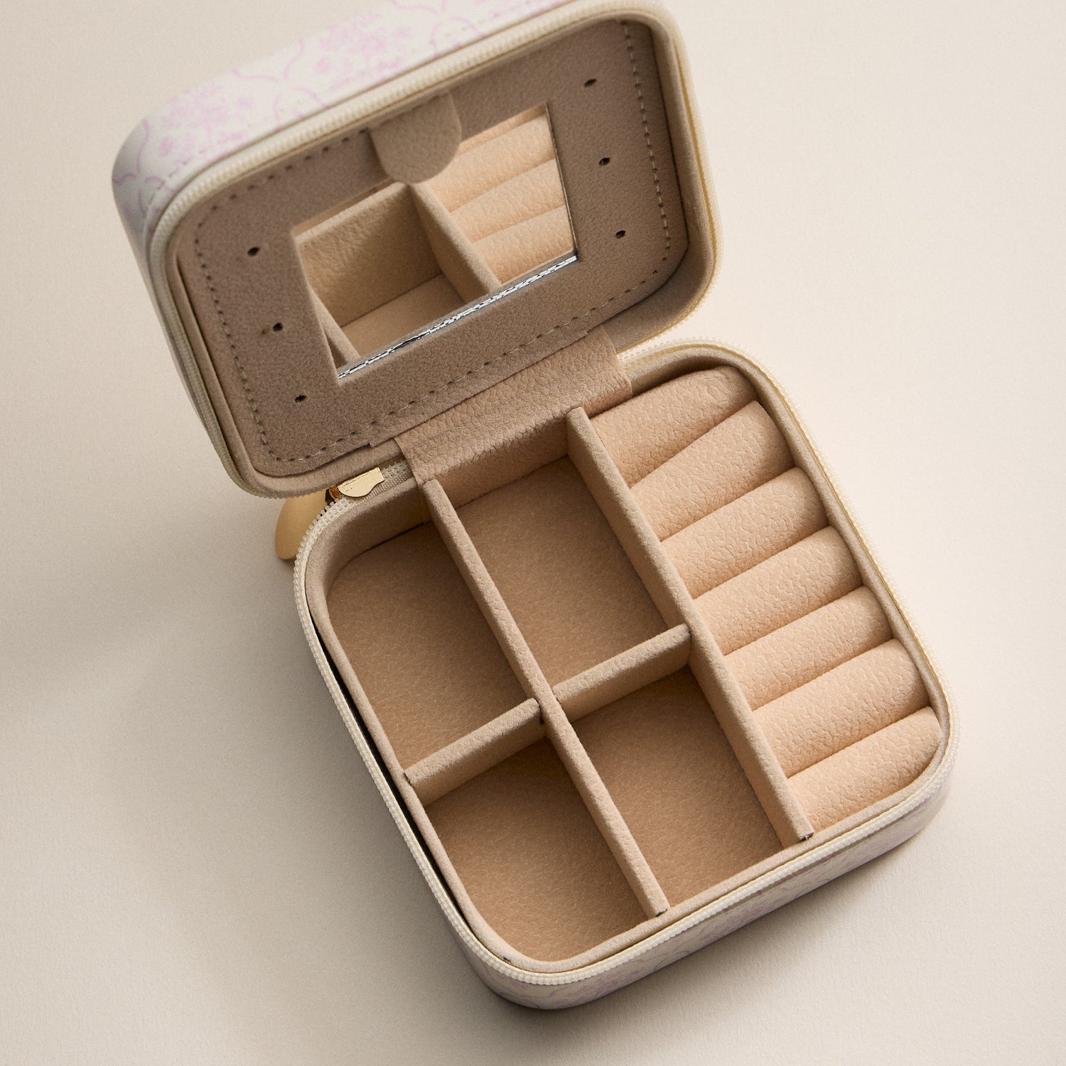 Pink Floral Travel Jewelry Case – Compact Jewelry Organizer with Mirror & Ring Slots