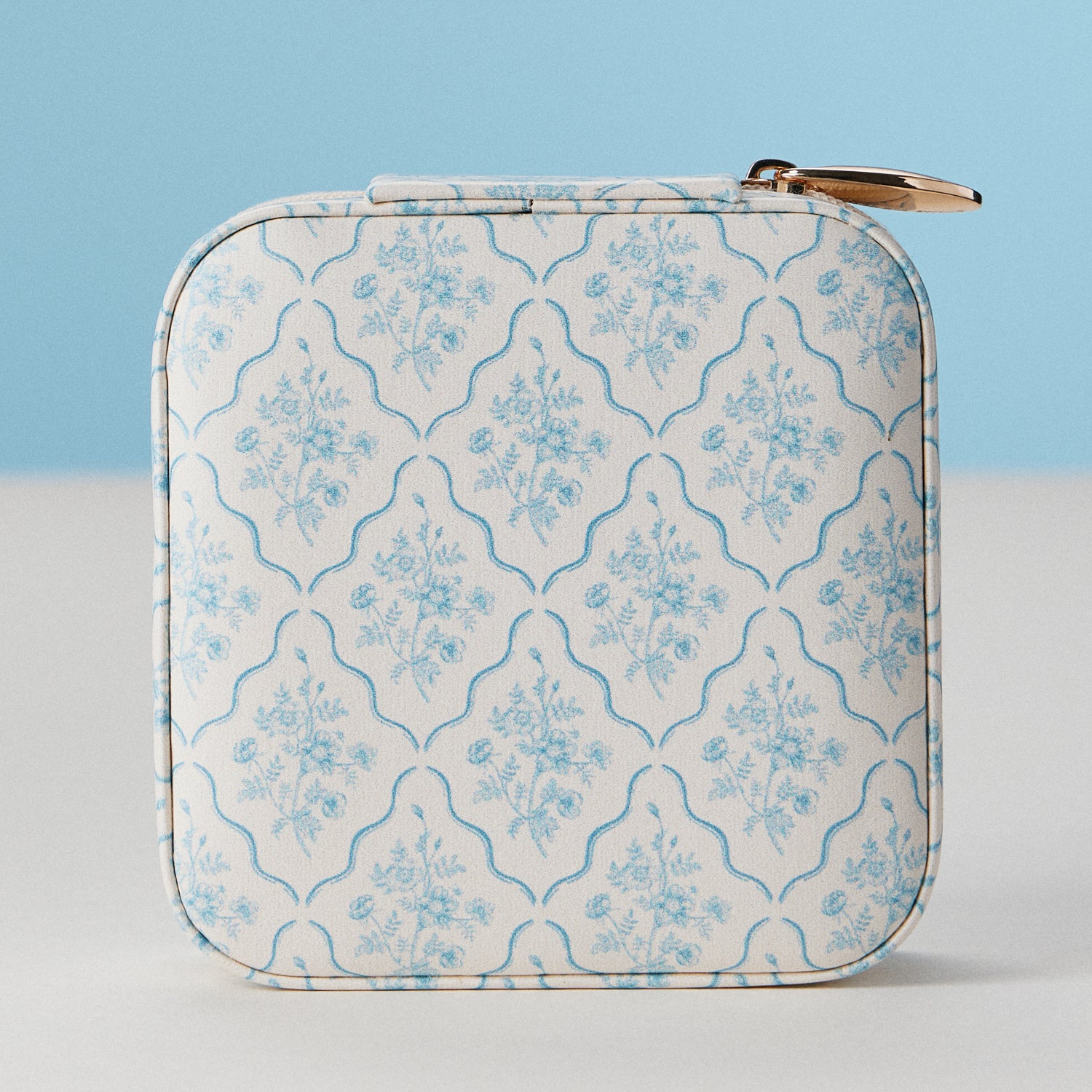 Light Blue Floral Travel Jewelry Case | Compact Jewelry Organizer with Mirror & Ring Slots