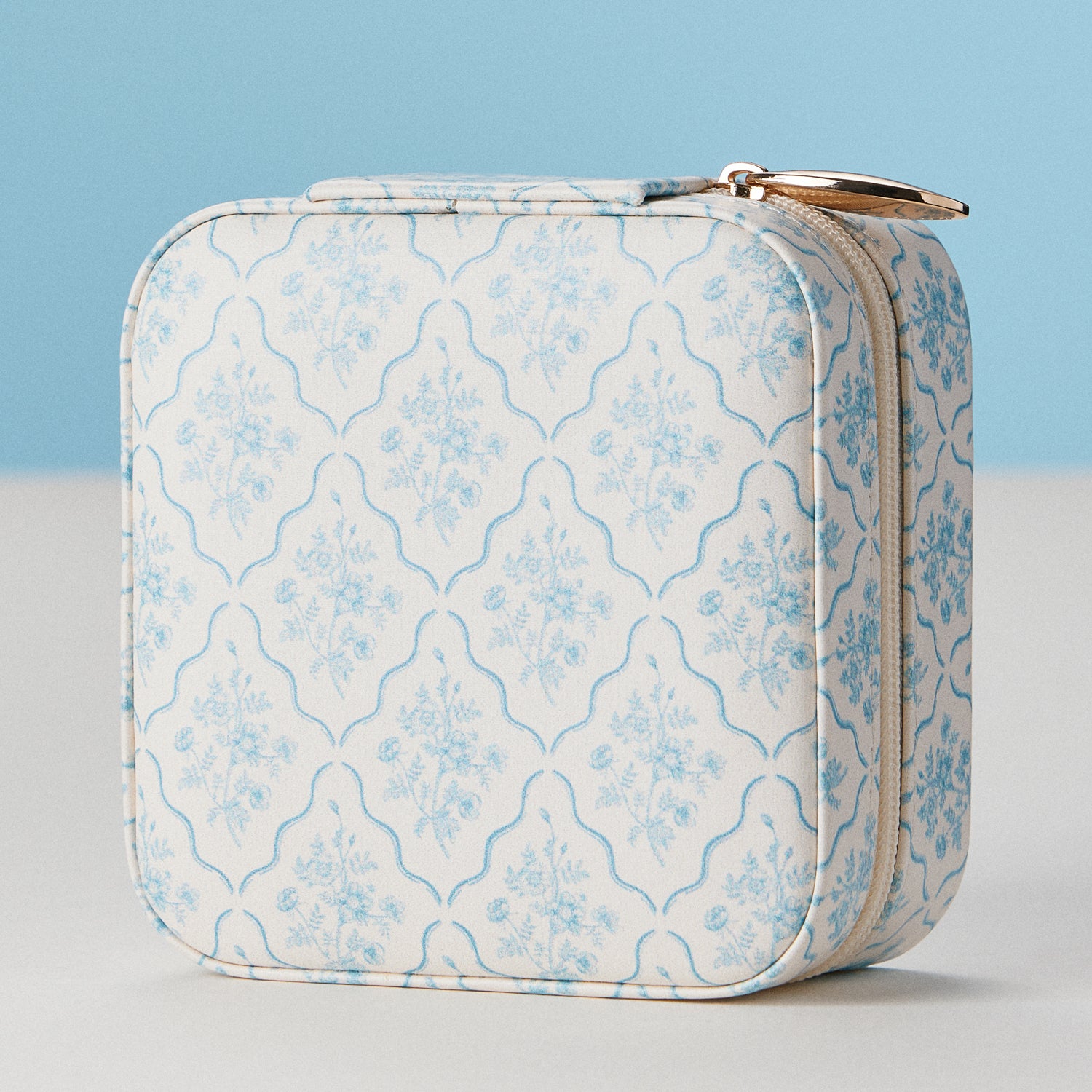Light Blue Floral Travel Jewelry Case | Compact Jewelry Organizer with Mirror & Ring Slots