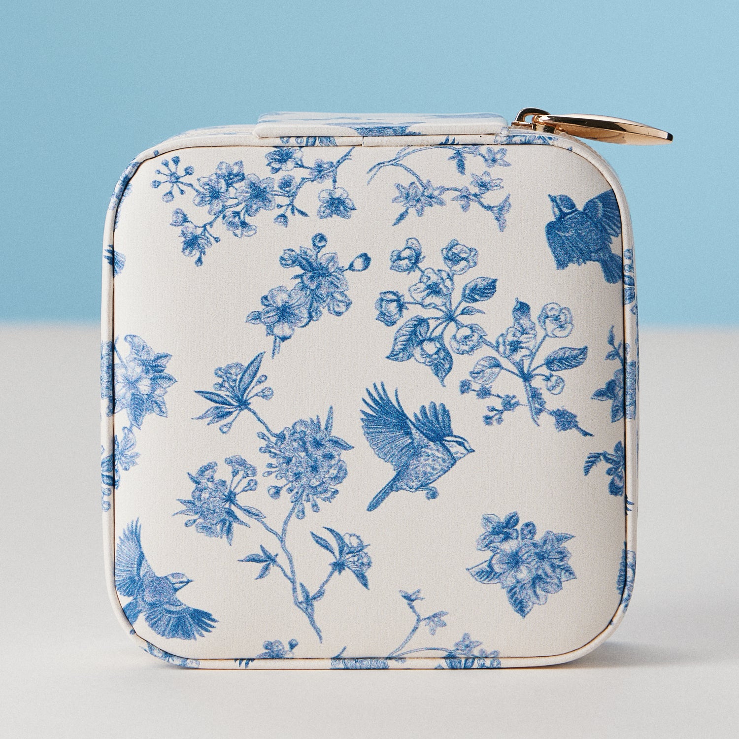 Blue Floral & bird Print Travel Jewelry Box | Compact Organizer with Mirror & Ring Slots