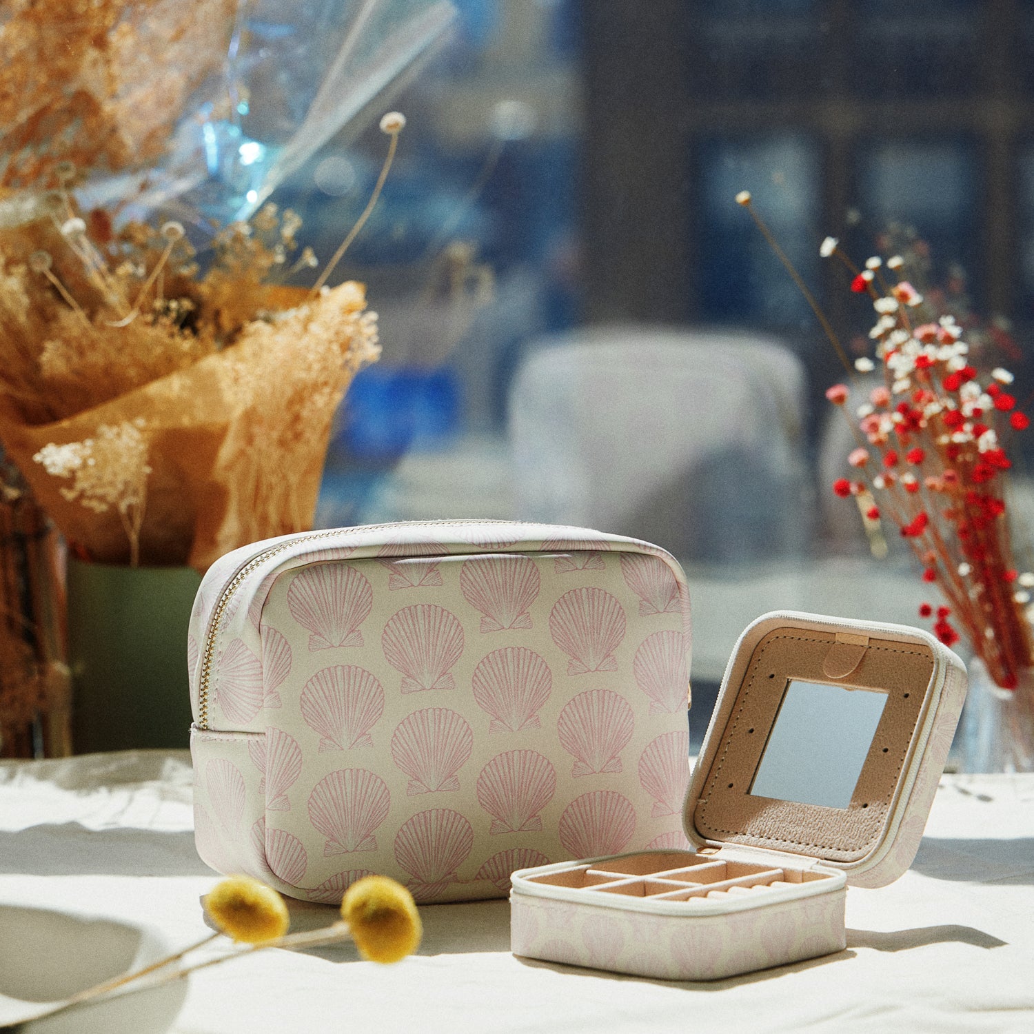 Pink Seashell Print Cosmetic Pouch