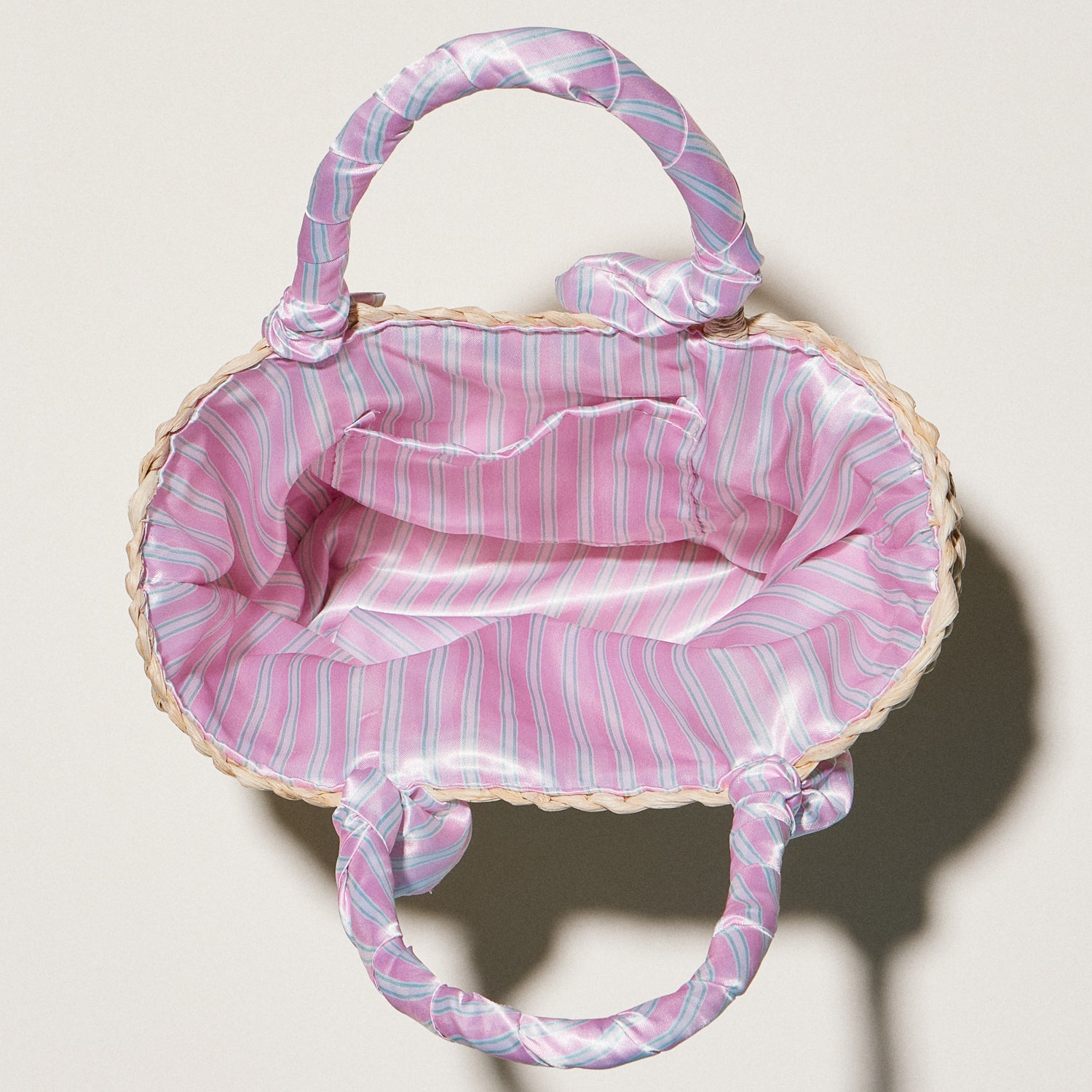 Pink Stripe Raffia Bag with Scarf Handles | Woven Summer Beach & Everyday Handbag