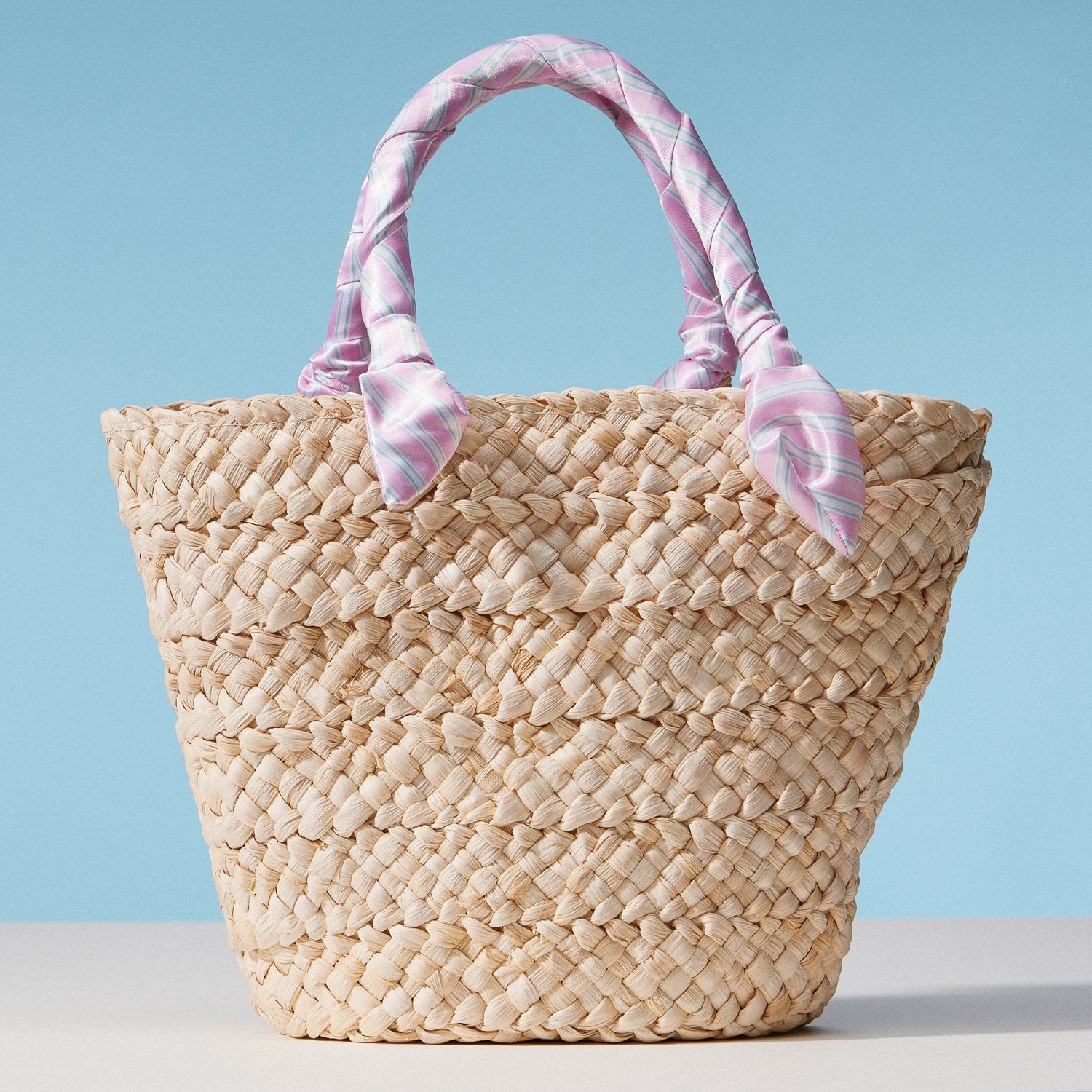 Pink Stripe Raffia Bag with Scarf Handles | Woven Summer Beach & Everyday Handbag