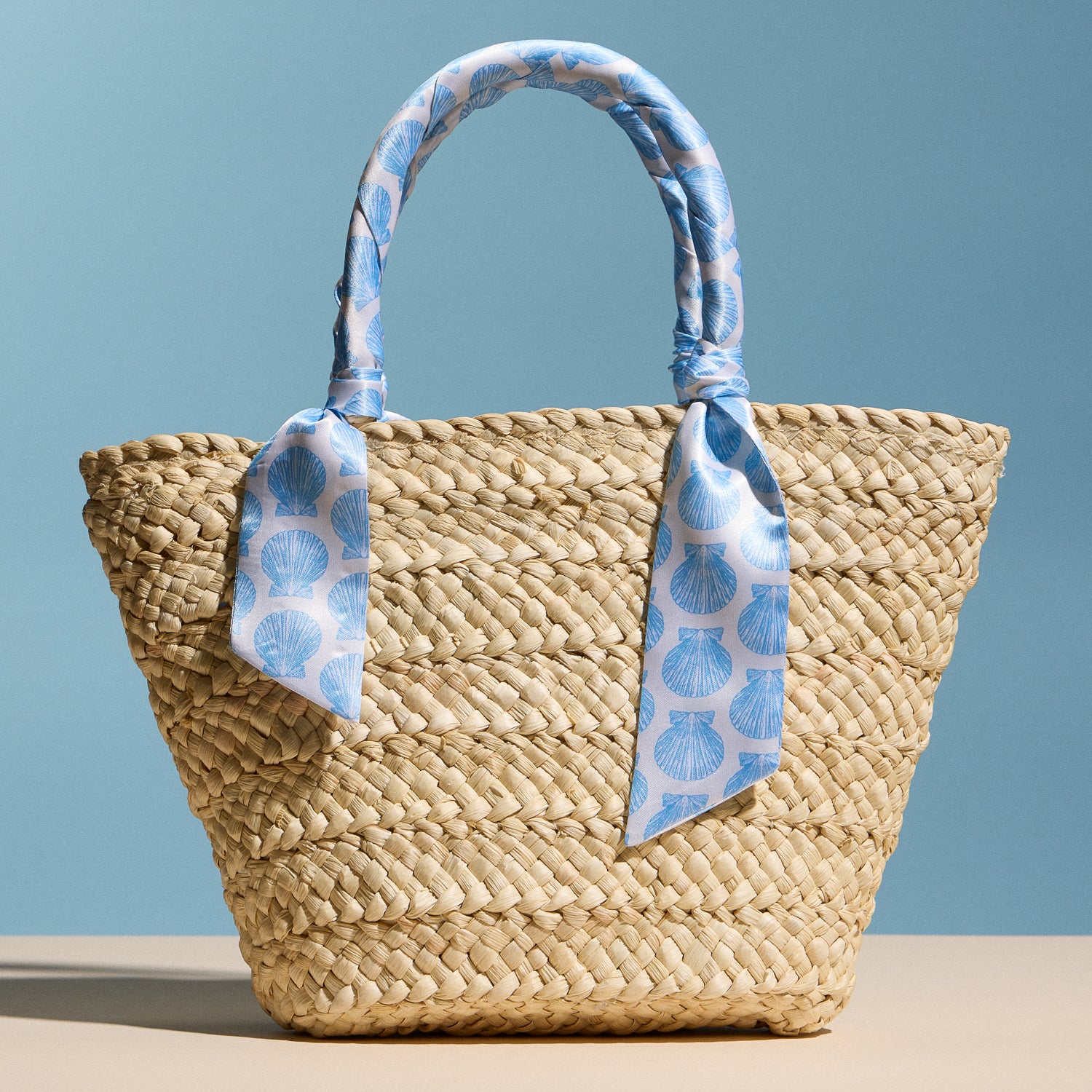 Blue Shell Raffia Bag with Scarf Handles – Woven Summer Beach &amp; Everyday Handbag - Frem