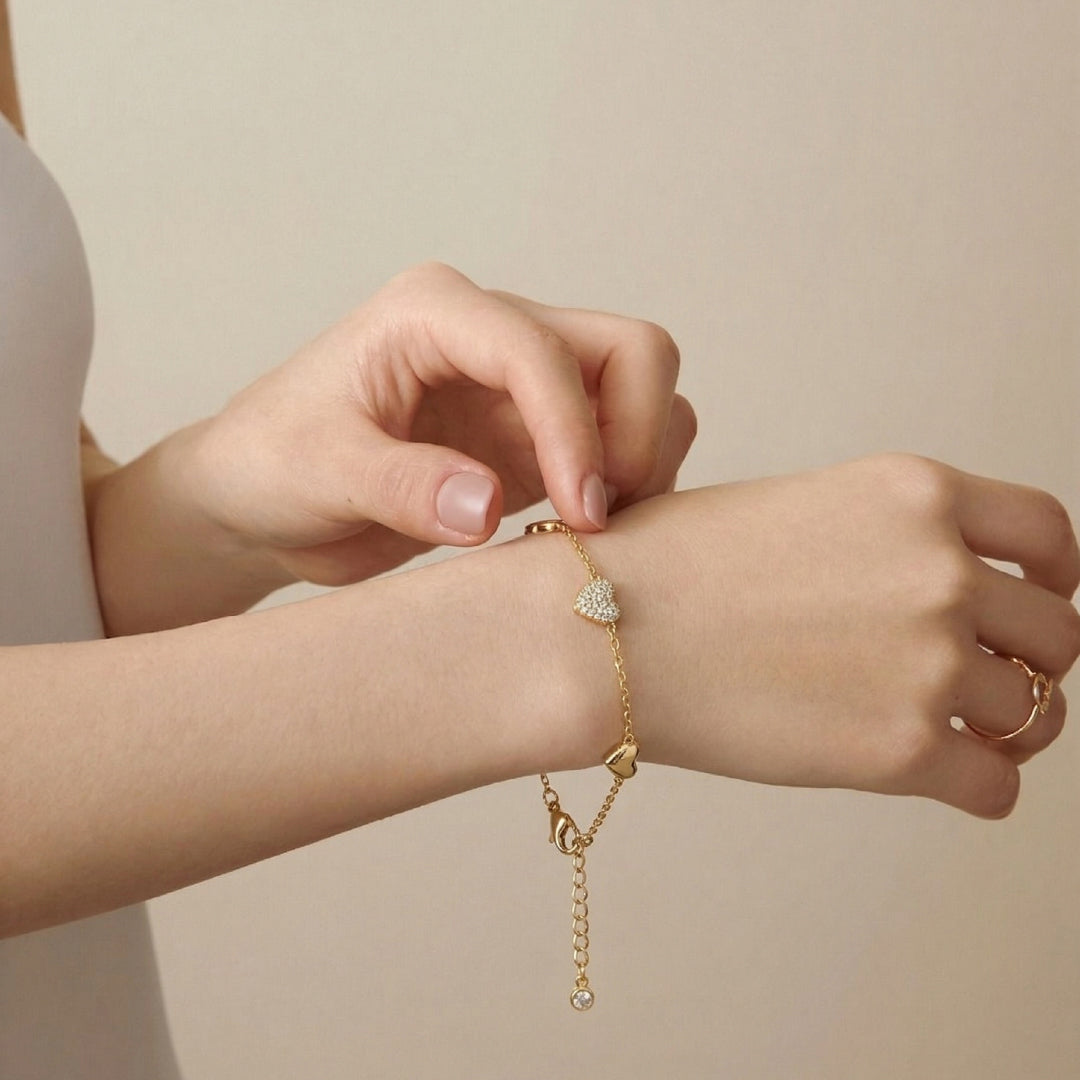 18K Gold Filled Heart Charm Bracelet with Pavé Crystal Accents – Delicate Dainty Love Chain Bracelet