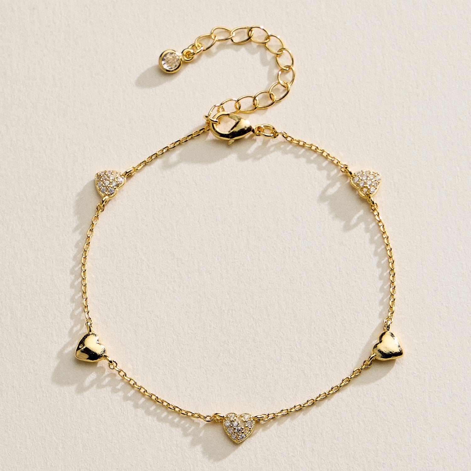 14K Gold Plated Heart Charm Bracelet with Pavé Crystal Accents – Delicate Dainty Love Chain Bracelet - Frem