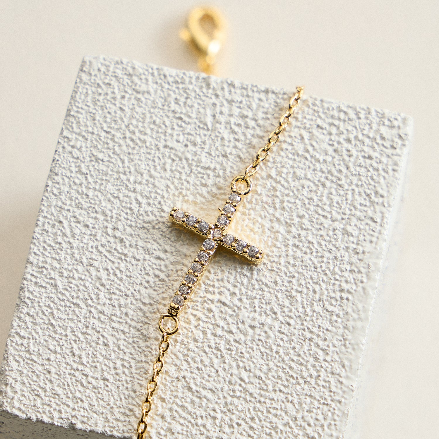 14K Gold Plated Pavé Cross Bracelet – Dainty Crystal Sideways Cross Chain Bracelet with Adjustable Extender - Frem