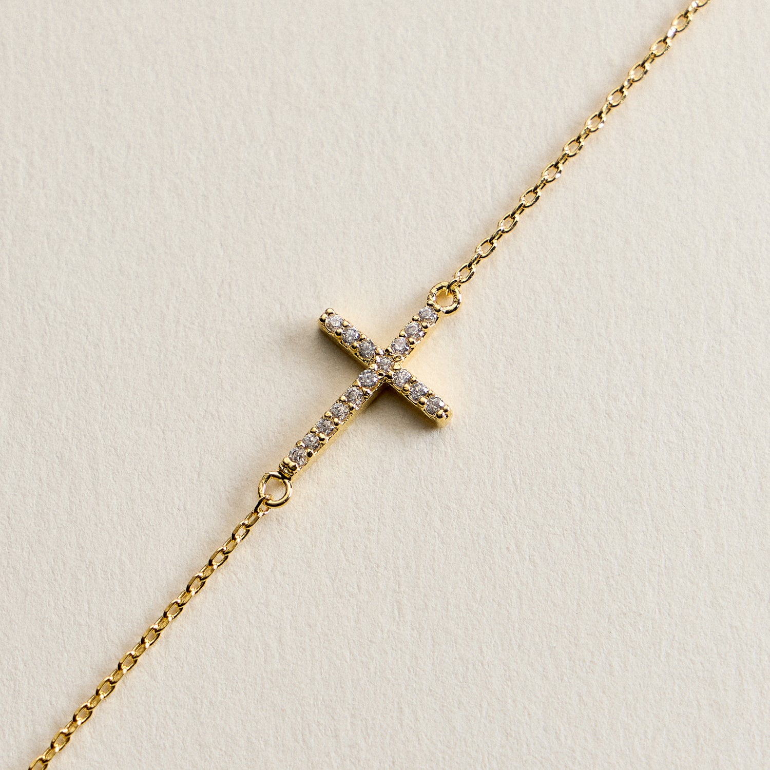 14K Gold Plated Pavé Cross Bracelet – Dainty Crystal Sideways Cross Chain Bracelet with Adjustable Extender