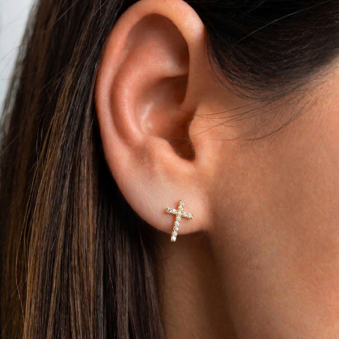 Gold Filled CZ Cross Stud Earrings