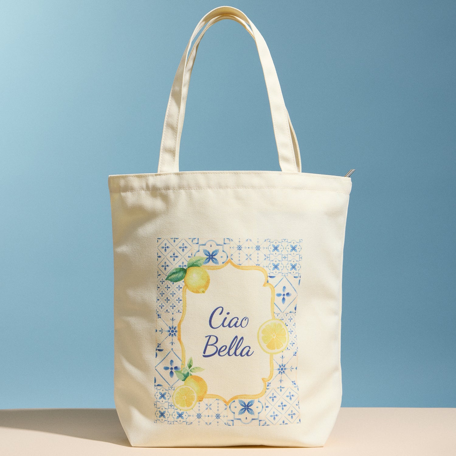 Ciao Bella Lemon Print Canvas Tote Bag with Zipper – Reusable Beach & Everyday Shopper Bag