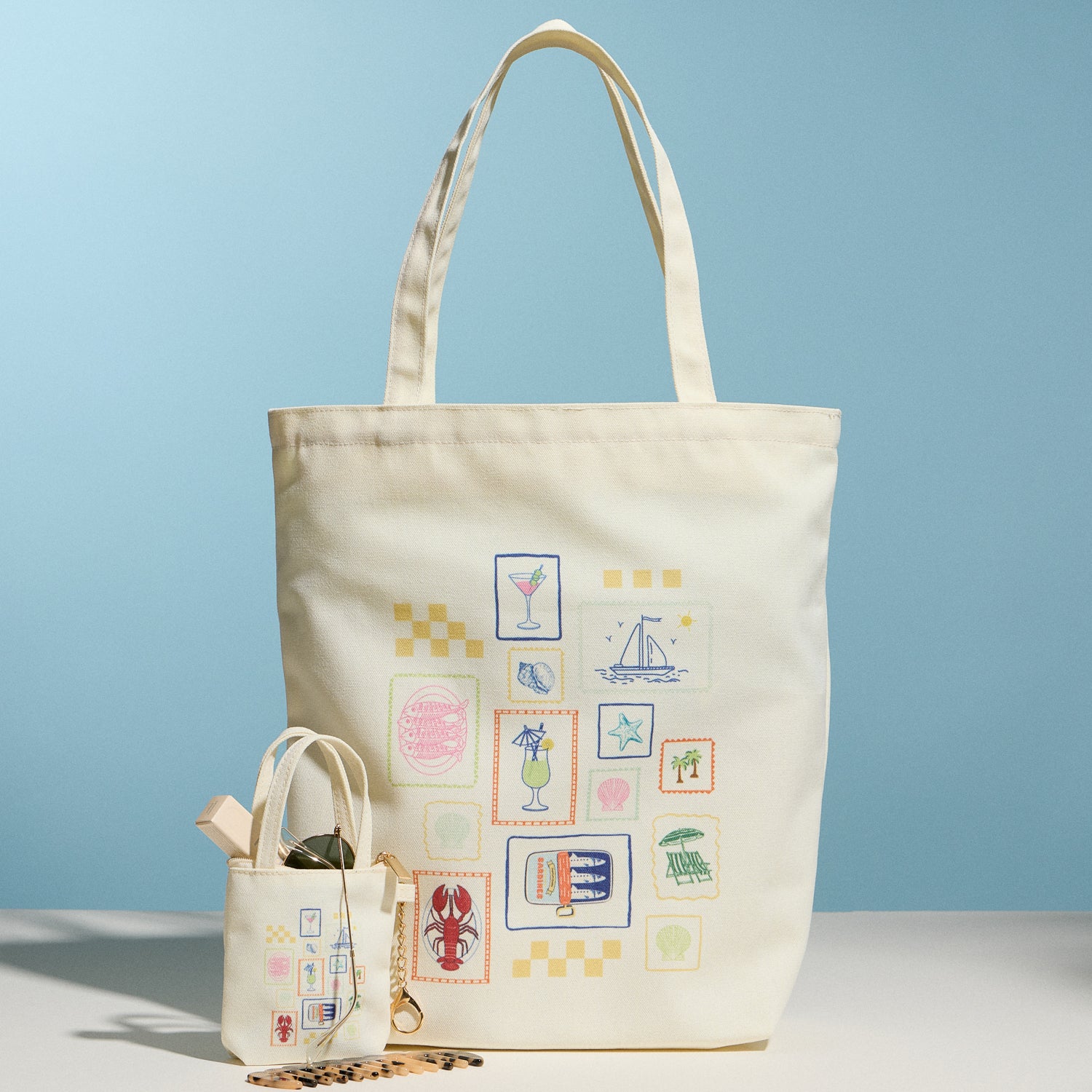 Cream Canvas Tote Bag with Coastal Stamp Print – Everyday Shoulder Shopping Bag - Frem