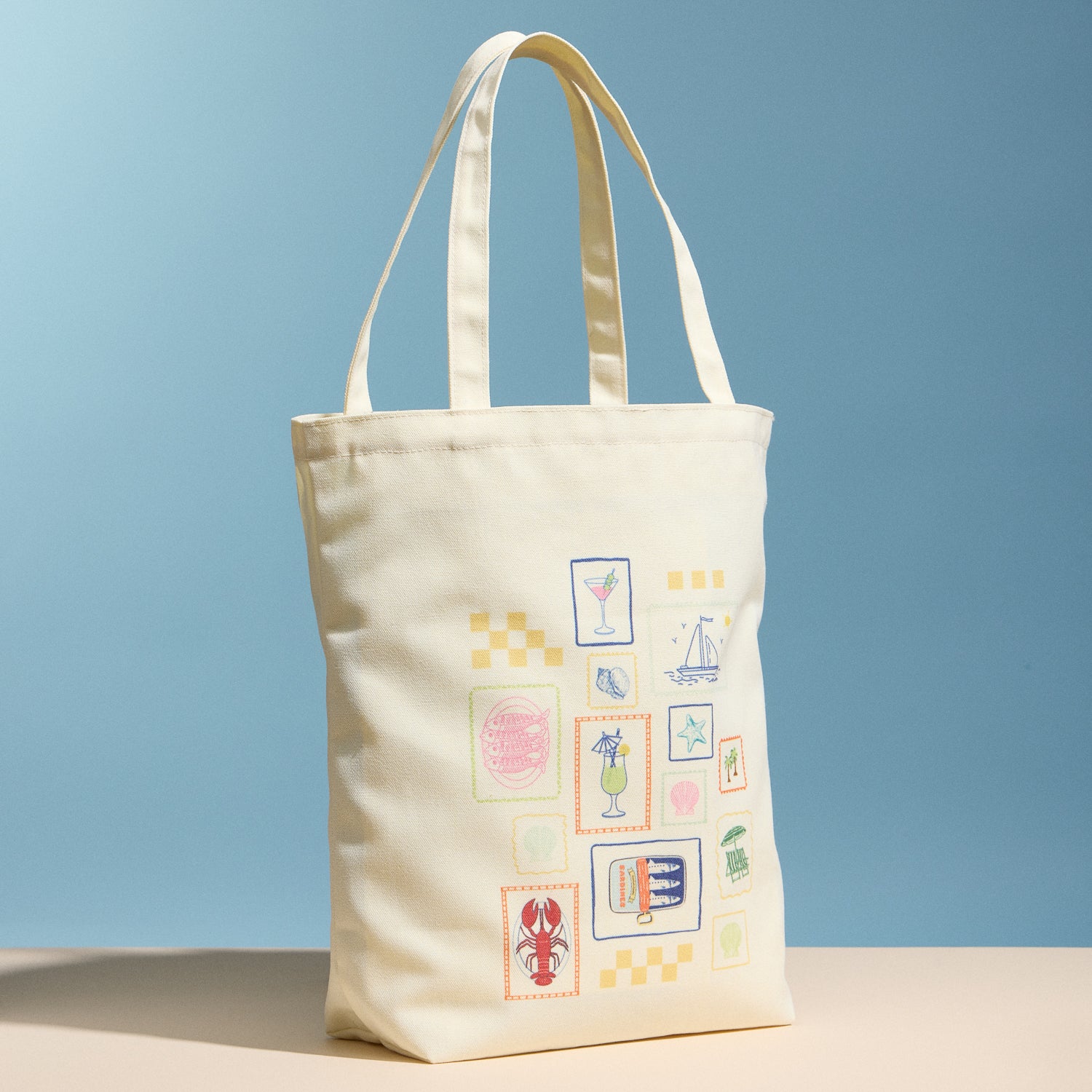 Cream Canvas Tote Bag with Coastal Stamp Print – Everyday Shoulder Shopping Bag - Frem