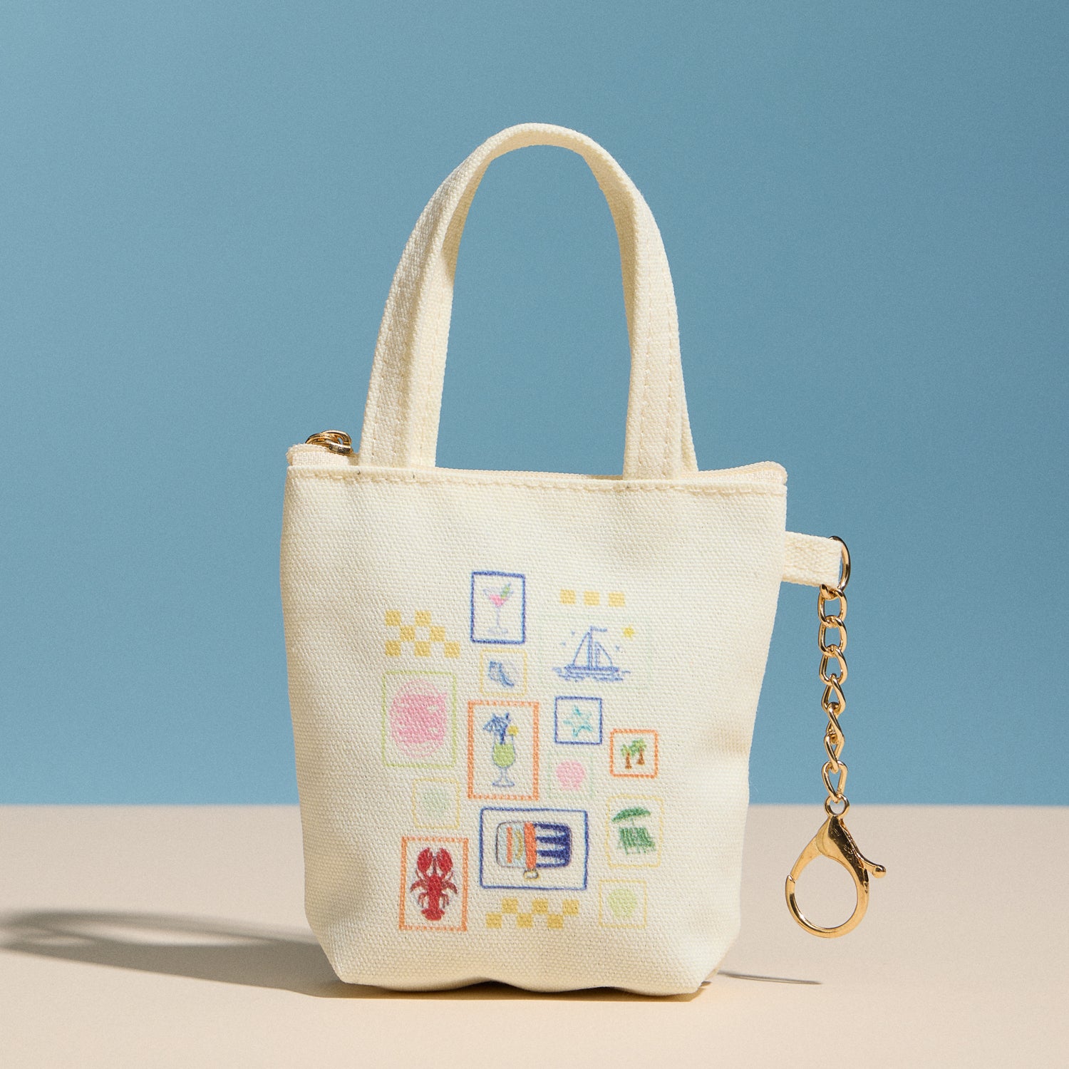 Mini Canvas Pouch with Mediterranean Graphic, Short Handle & Chain Keyring