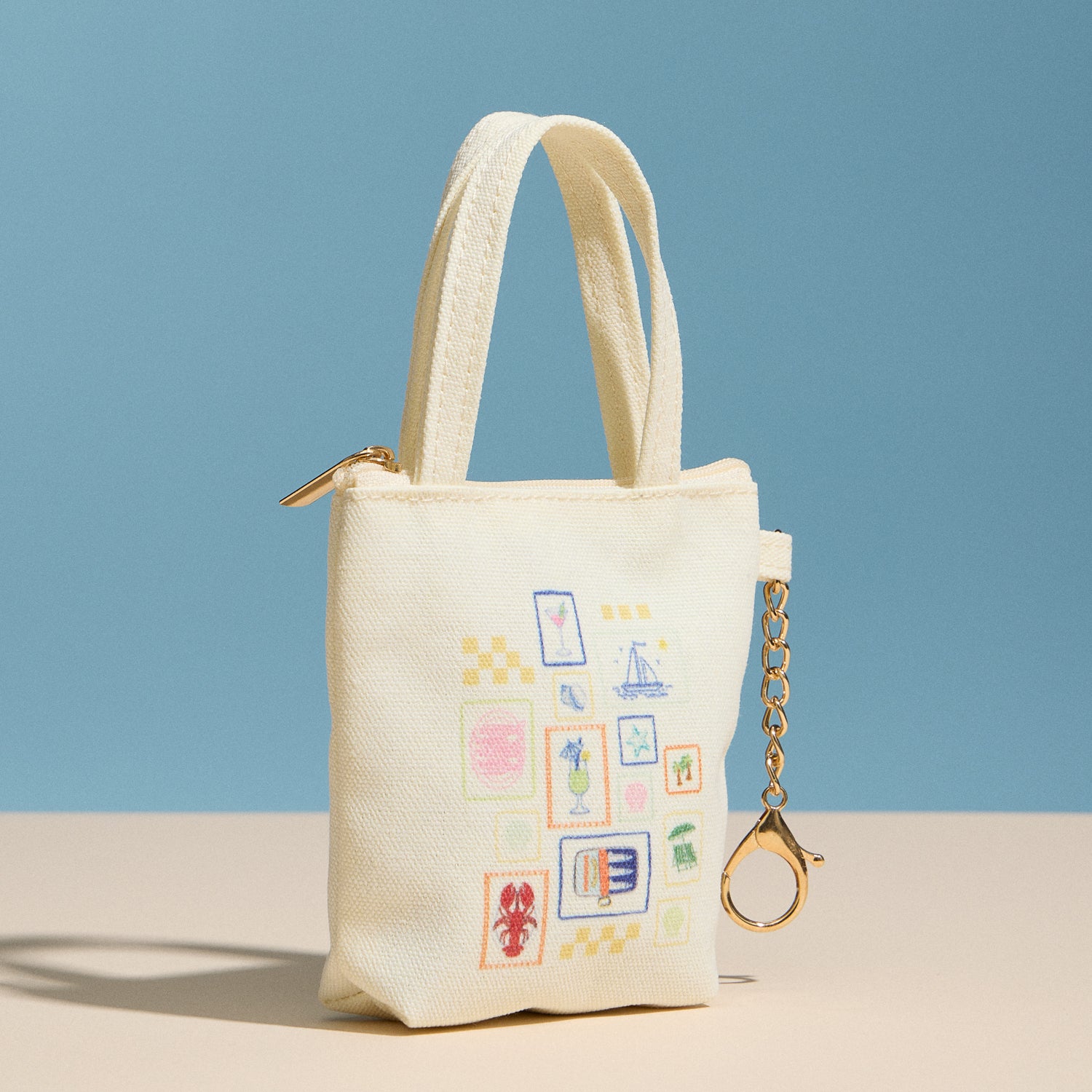 Mini Canvas Pouch with Mediterranean Graphic, Short Handle & Chain Keyring