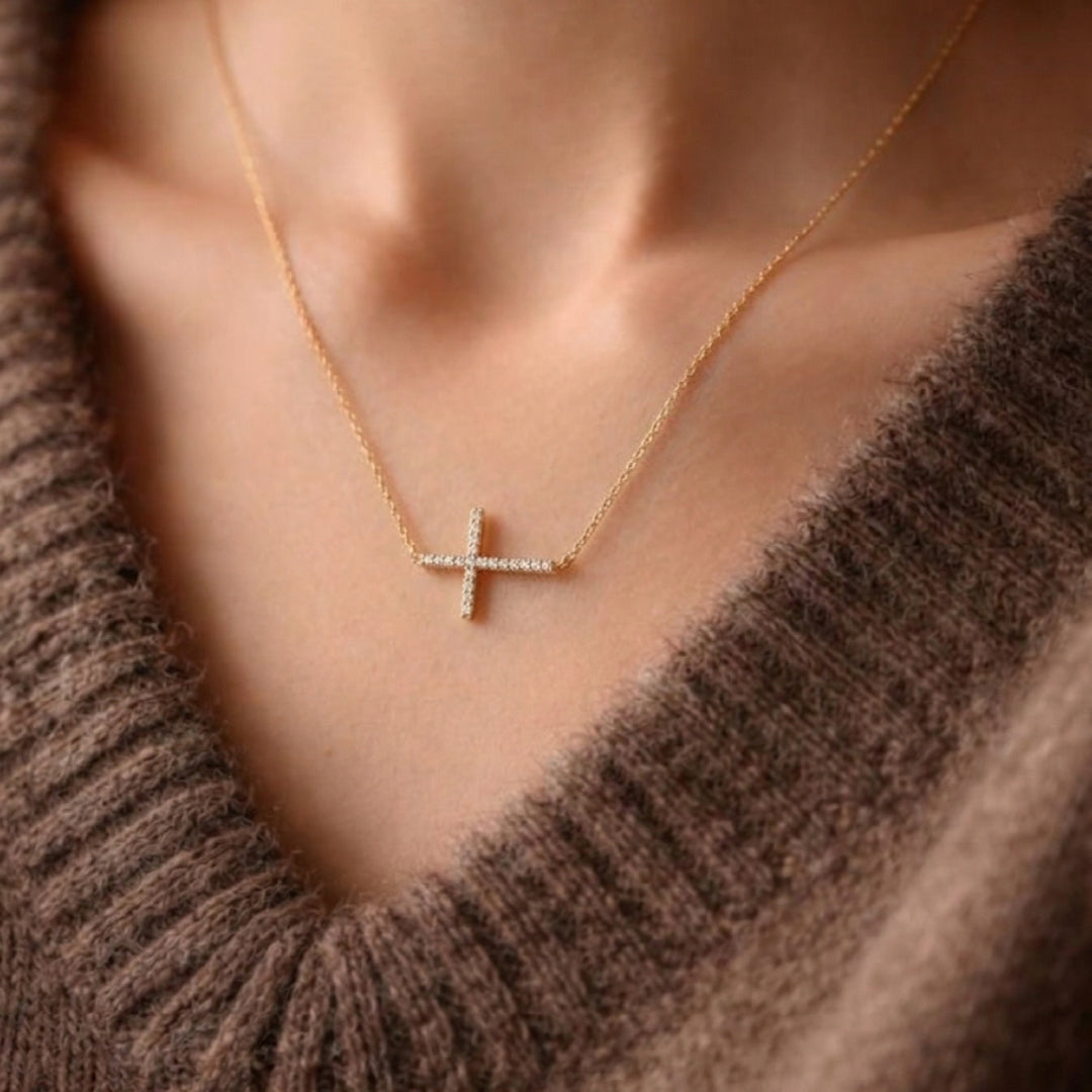 Gold Filled Crystal Cross Necklace – Dainty Sideways