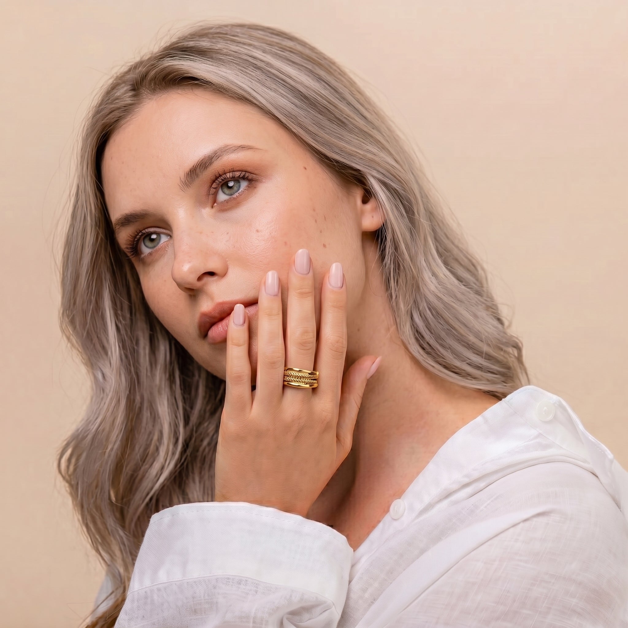 18K Gold Filled Multi-Layer Statement Ring | Textured & Polished Stack Design Made in Korea