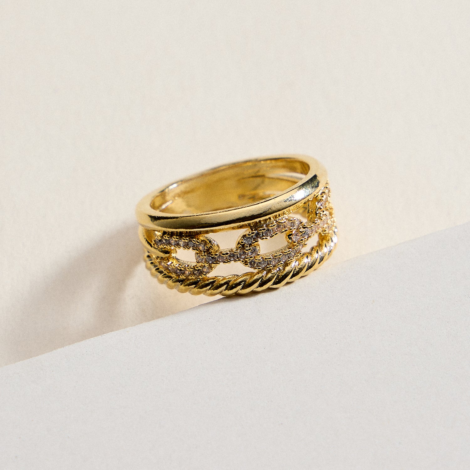 18K Gold Filled CZ Chain Link Stack Ring | Multi-Layer Statement Band Made in Korea
