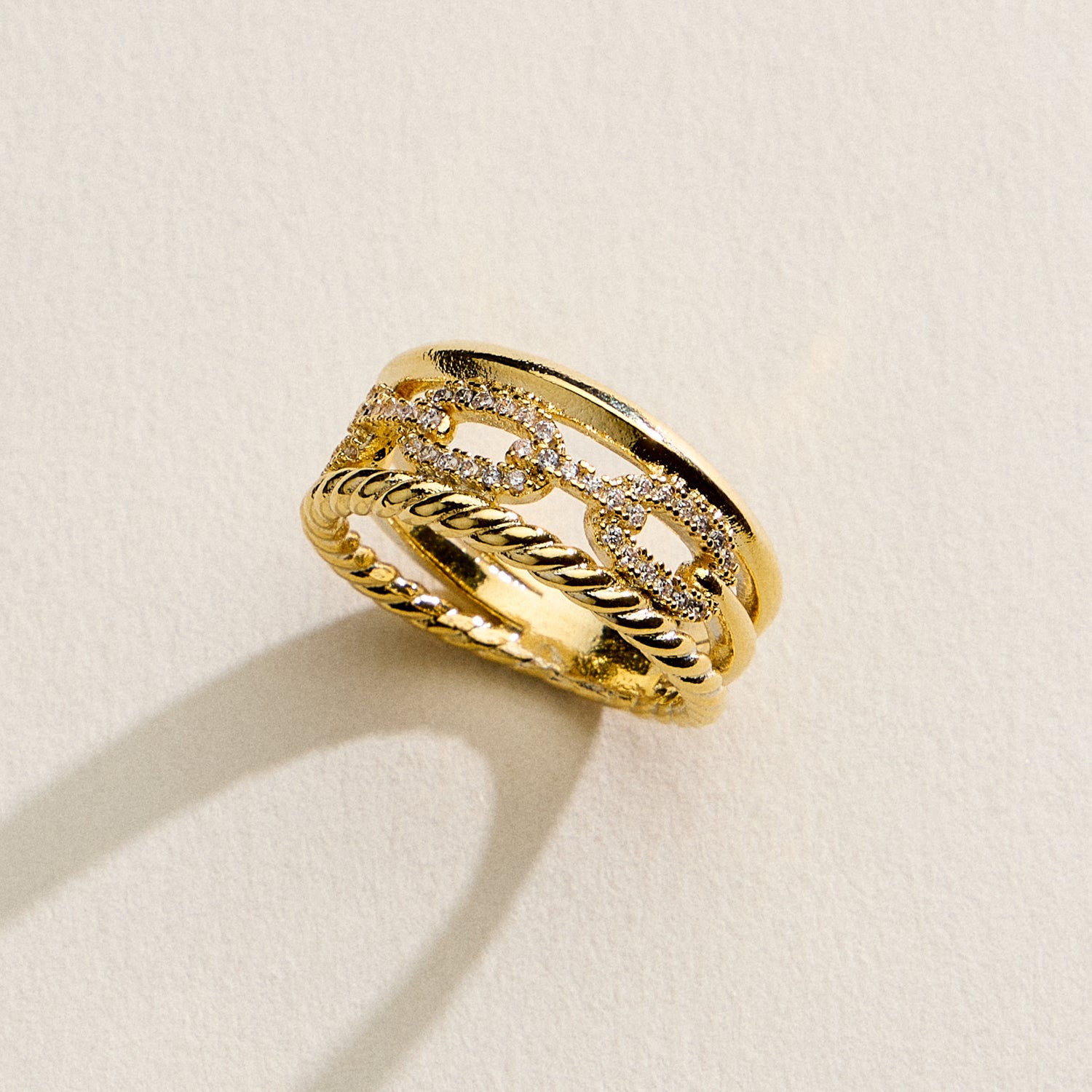 18K Gold Filled CZ Chain Link Stack Ring | Multi-Layer Statement Band Made in Korea