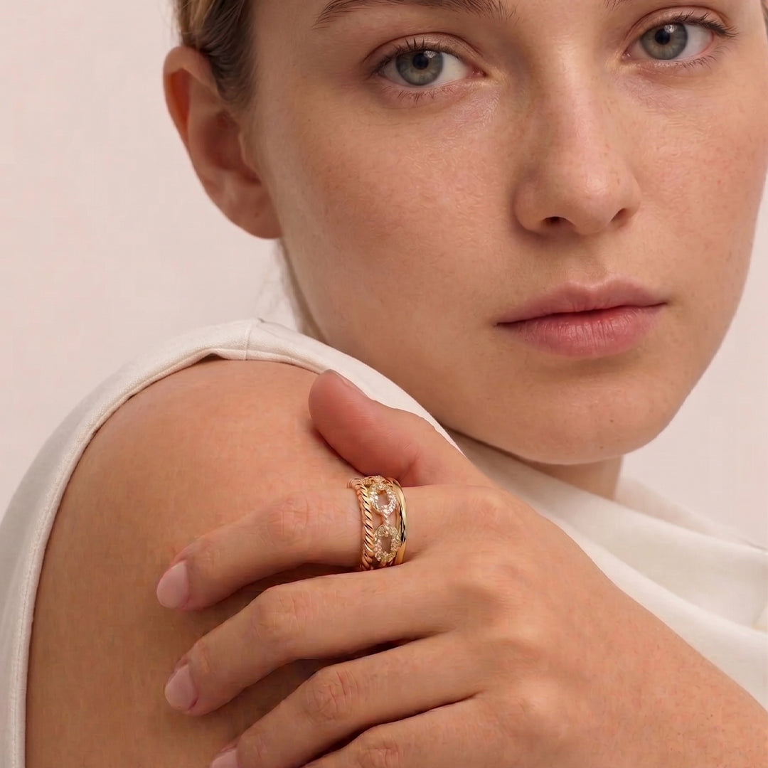 18K Gold Filled CZ Chain Link Stack Ring | Multi-Layer Statement Band Made in Korea