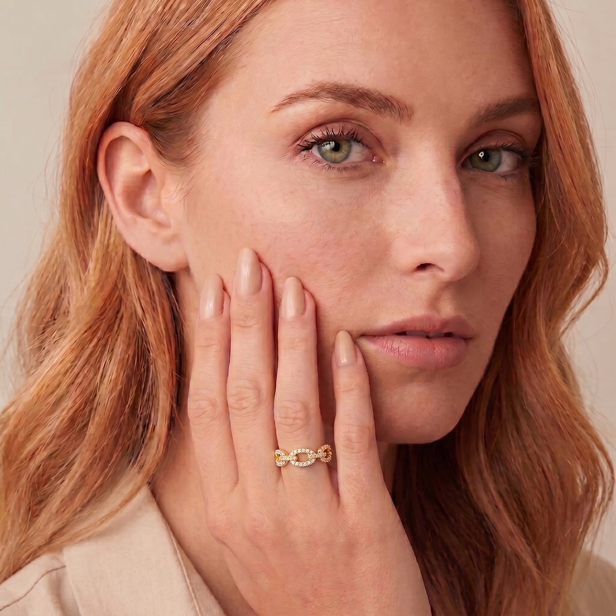 18K Gold Filled CZ Oval Link Ring | Twisted Rope Band Statement Ring – Made in Korea