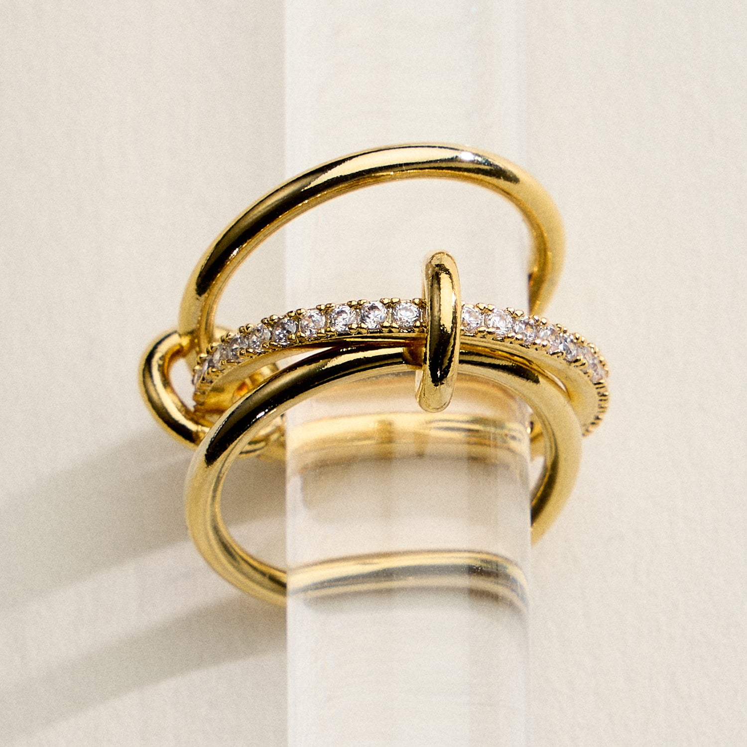 18K Gold Filled Adjustable Ring Gold Filled CZ Interlocking Ring | Modern Double Loop Statement Ring – Made in Korea