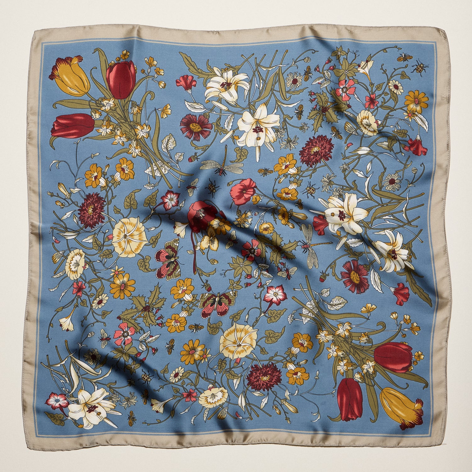 Vintage Botanical Floral Square Scarf – Elegant Garden Print Satin Neck & Hair Scarf