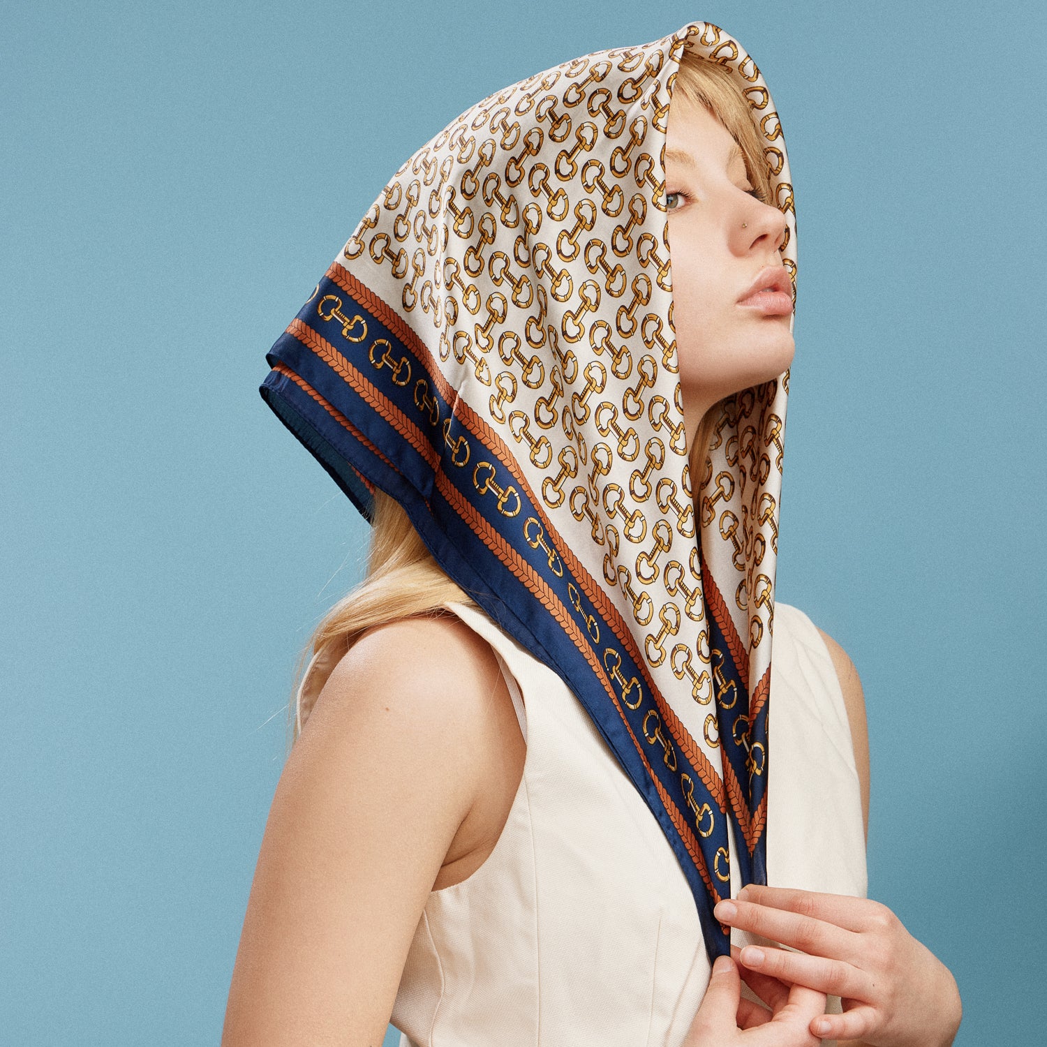 Classic Chain Print Square Scarf | Green & Navy Border Silk-Feel Fashion Scarf