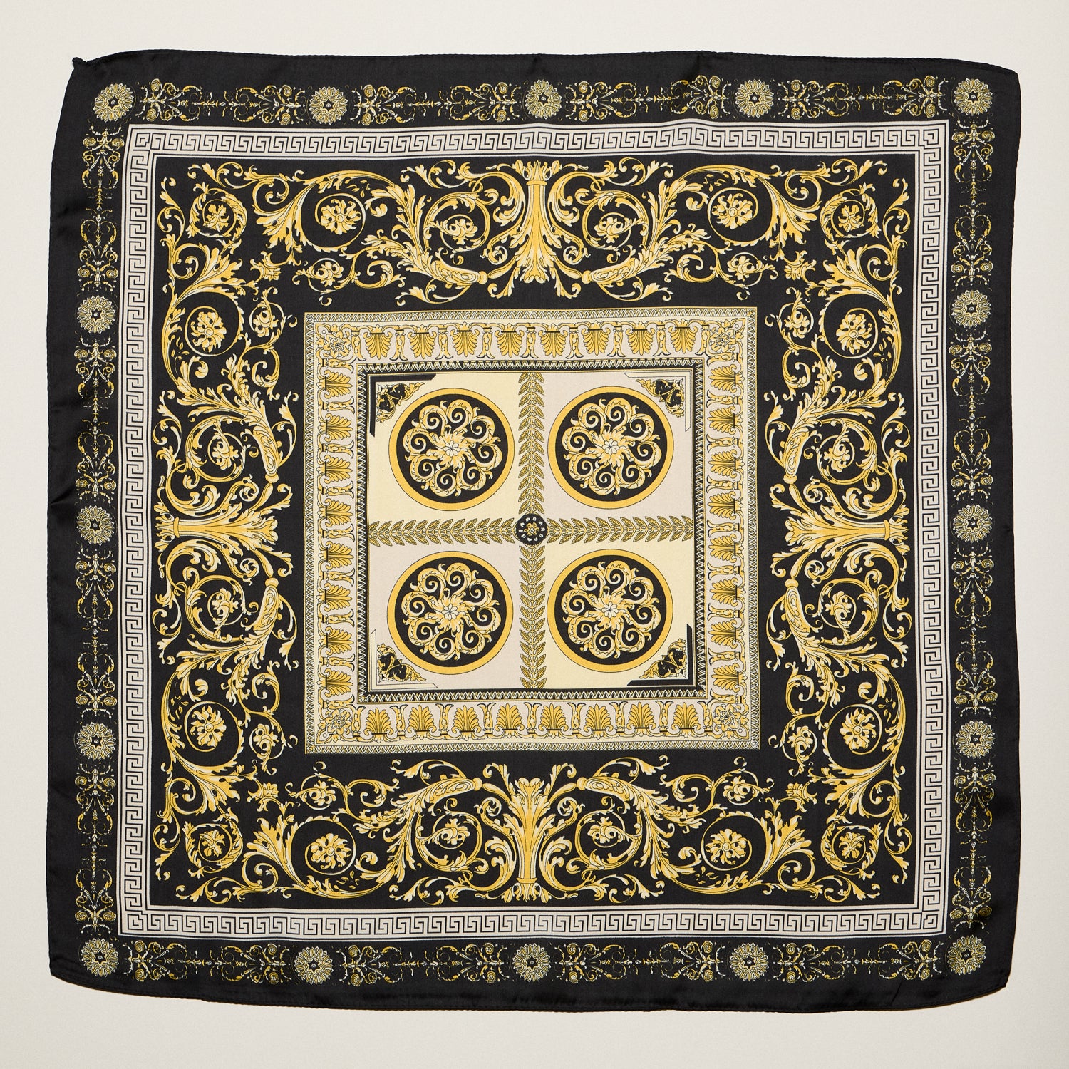 Classic Baroque Square Scarf – Vintage Gold Chain & Ornate Scroll Print Satin Headscarf - Frem
