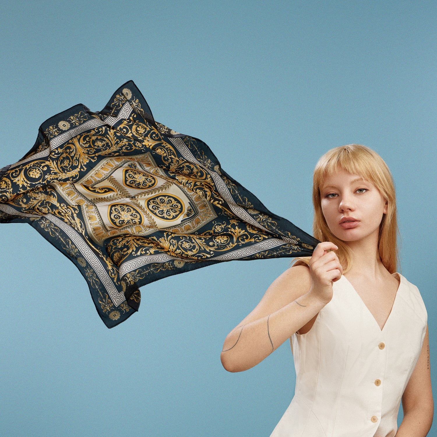 Satin Baroque Square Scarf | Vintage Ornate Scroll Print