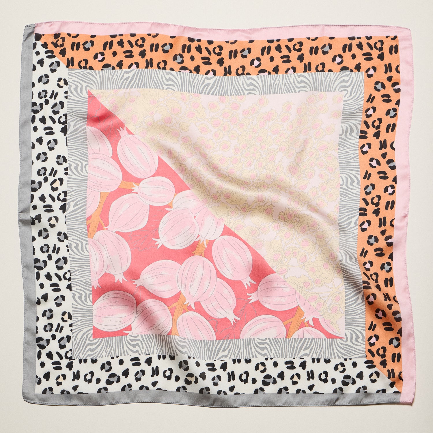 Patchwork Leopard & Floral Square Scarf – Satin Feel Fashion Neck, Hair & Bag Scarf - Frem