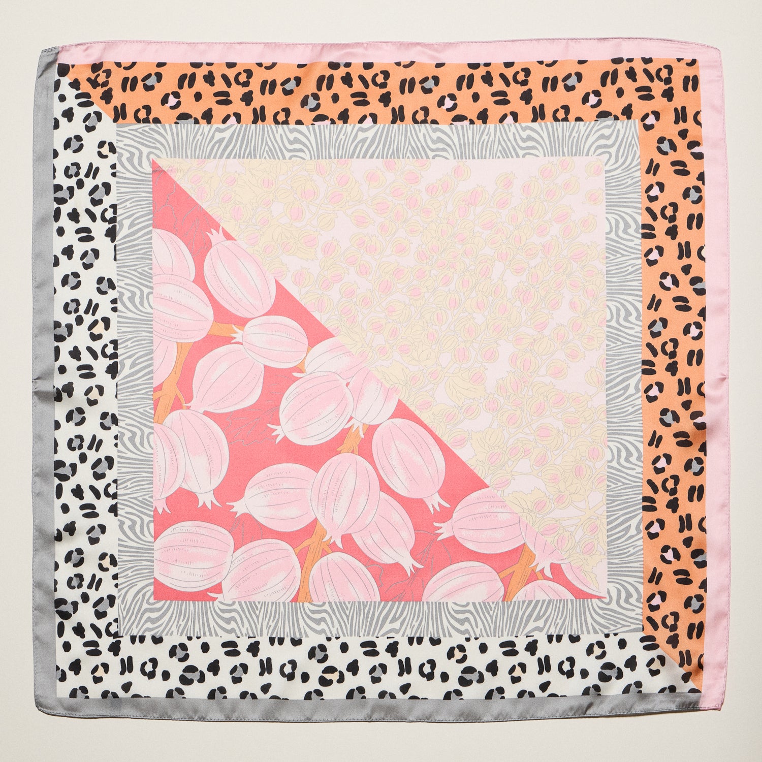 Patchwork Leopard & Floral Square Scarf – Satin Feel Fashion Neck, Hair & Bag Scarf - Frem