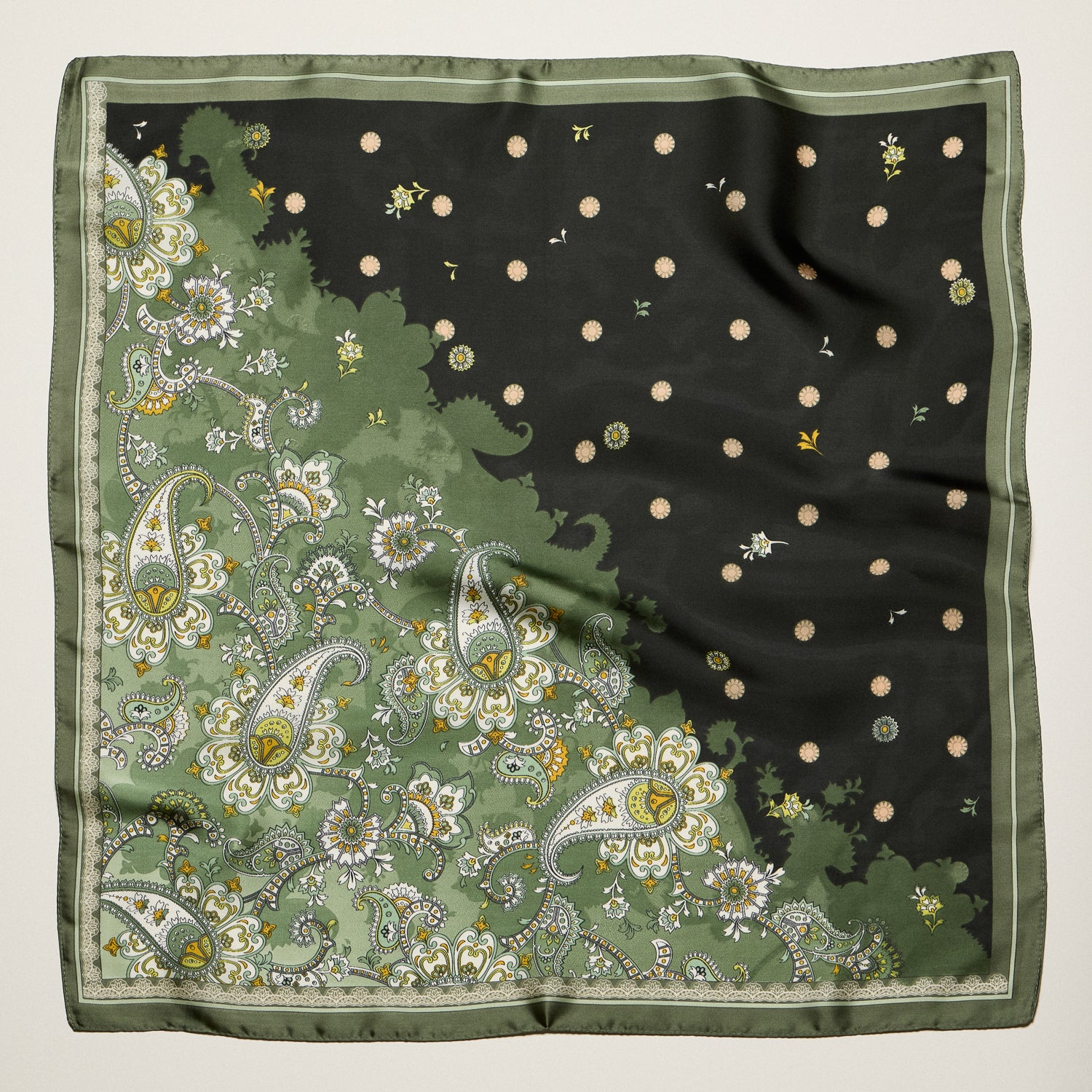 Vintage Paisley Polka Dot Square Scarf – Blue & Olive Elegant Silk-Feel Neck Hair Scarf - Frem