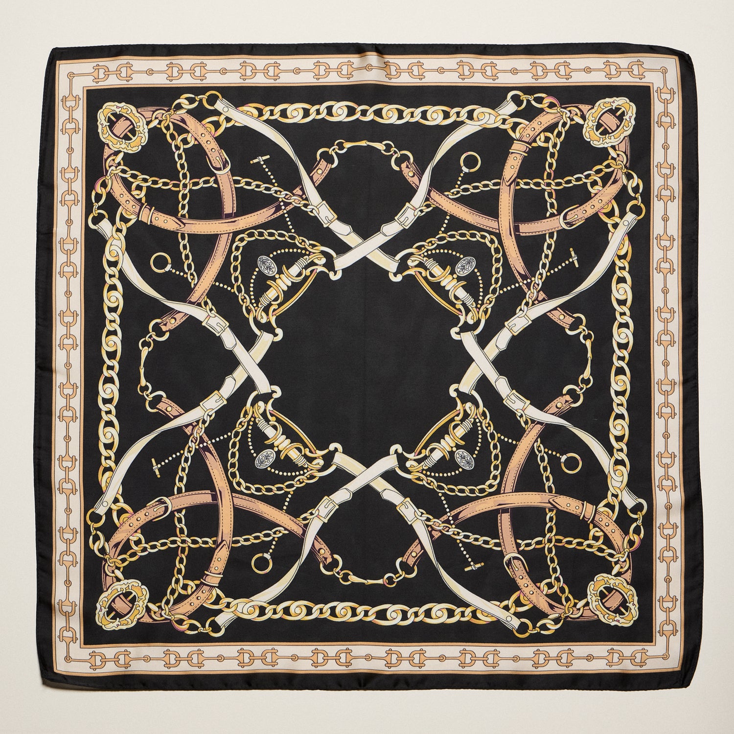Classic Equestrian Chain Square Scarf – Vintage Belt & Gold Chain Print Silk-Feel Scarf - Frem