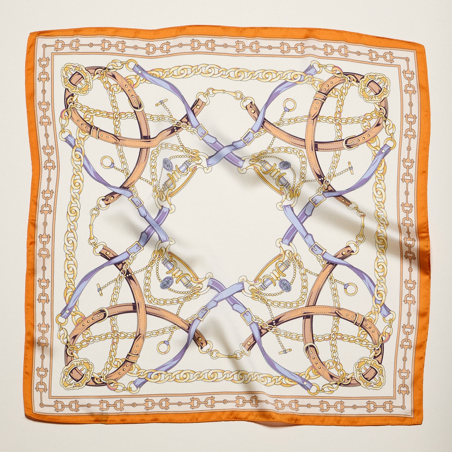 Classic Equestrian Chain Square Scarf – Vintage Belt & Gold Chain Print Silk-Feel Scarf