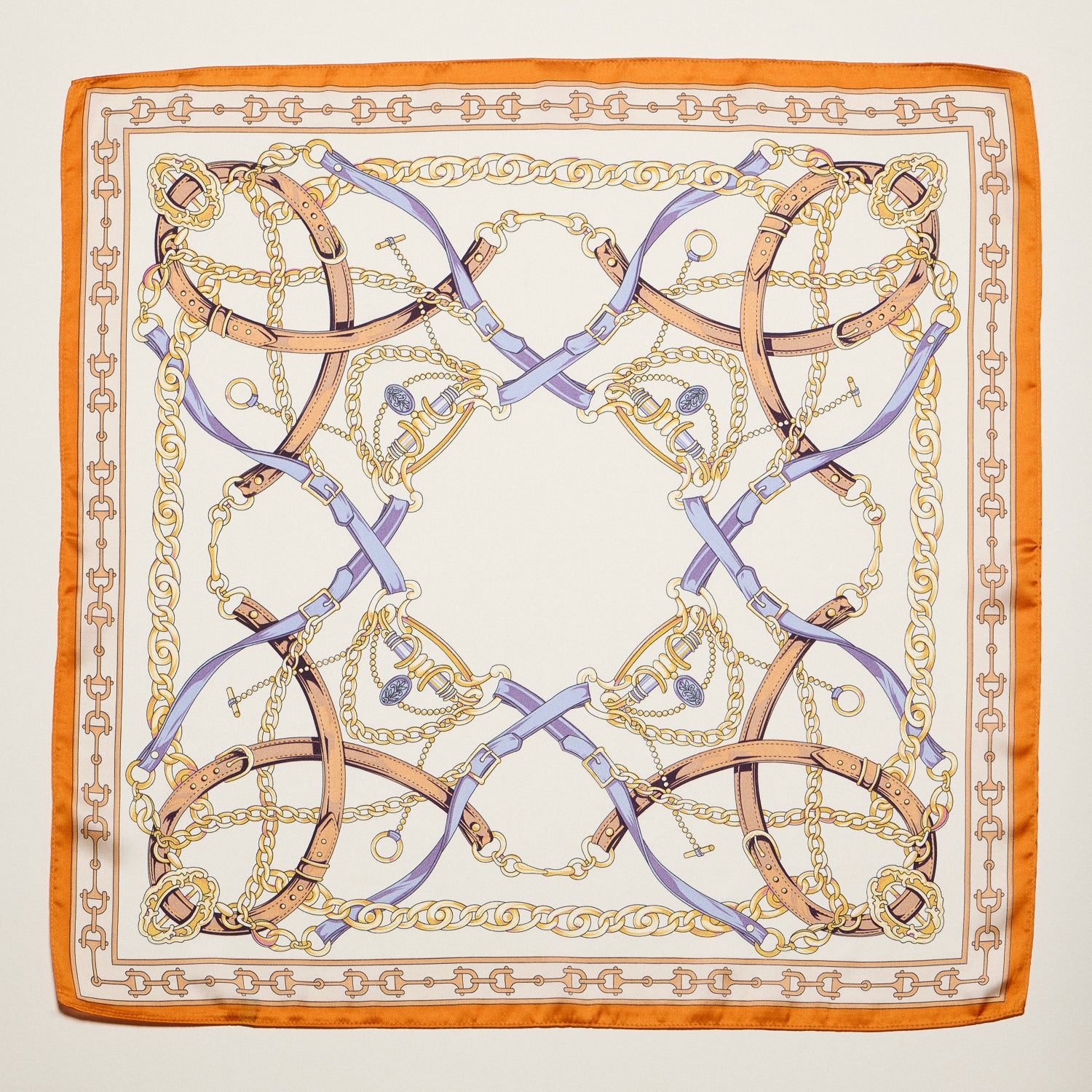 Classic Equestrian Chain Square Scarf – Vintage Belt & Gold Chain Print Silk-Feel Scarf