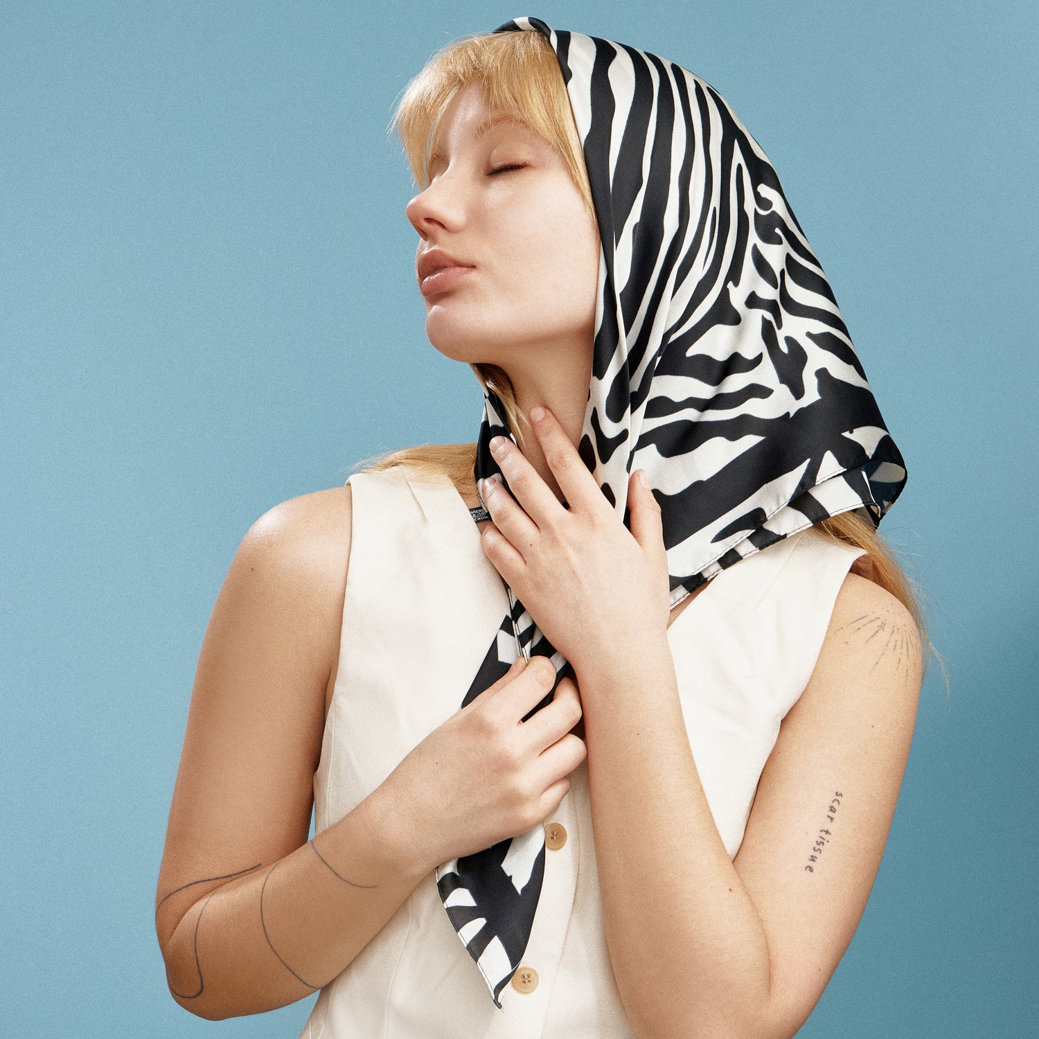 Zebra Print Square Scarf – Neutral Animal Pattern Silk-Feel Fashion Scarf