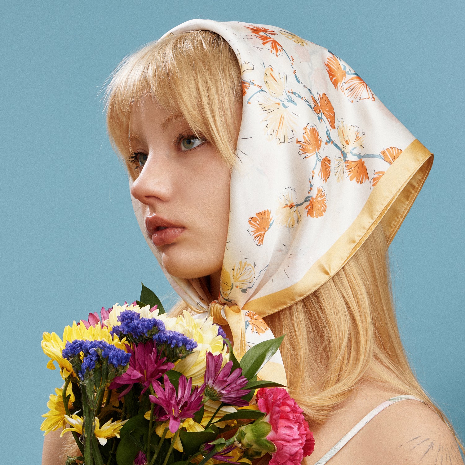 Delicate Floral Branch Square Scarf | Soft Botanical Print Silk-Feel Scarf