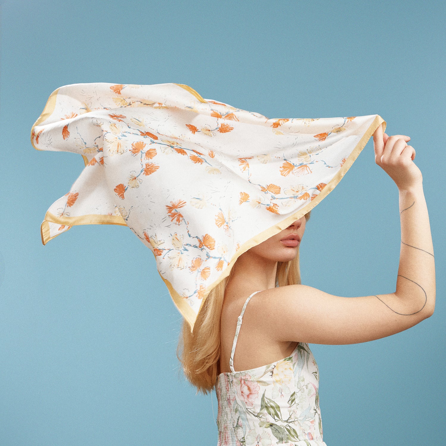 Delicate Floral Branch Square Scarf | Soft Botanical Print Silk-Feel Scarf
