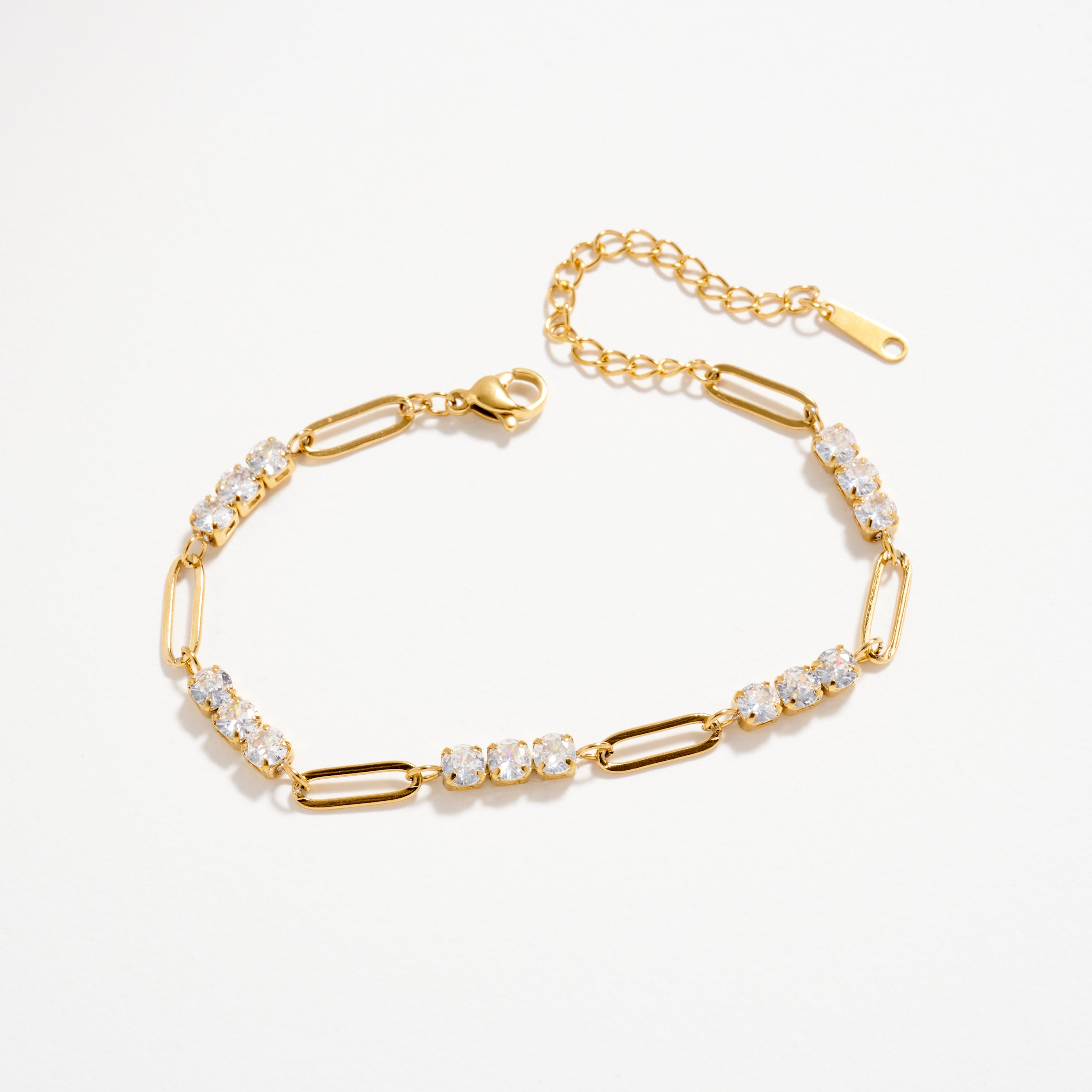 Gold-Tone CZ Link Chain Bracelet – Dainty Adjustable Crystal Paperclip Bracelet