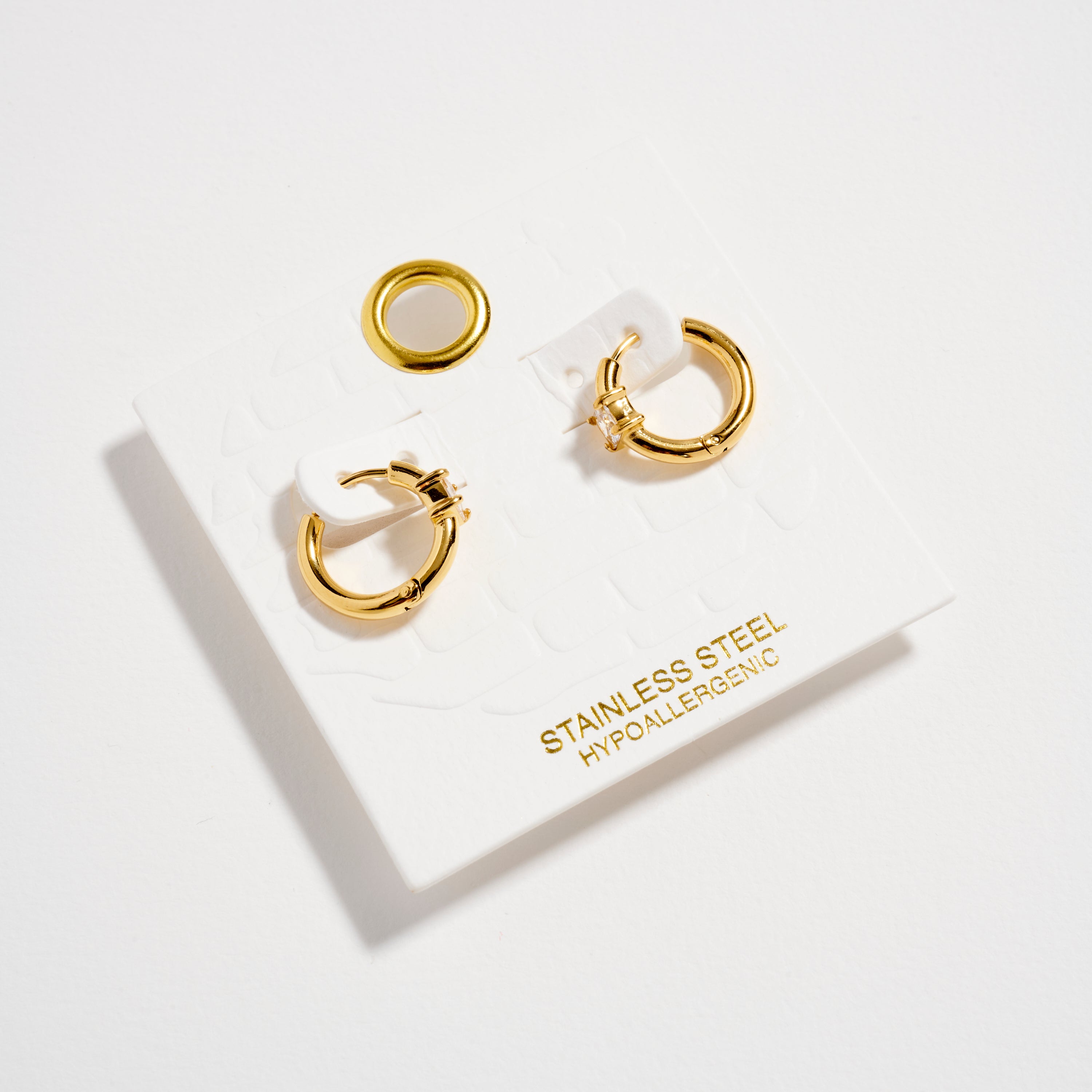 Stainless Steel CZ Stone Hoop Earrings – Hypoallergenic & Tarnish Free (3 Shapes)