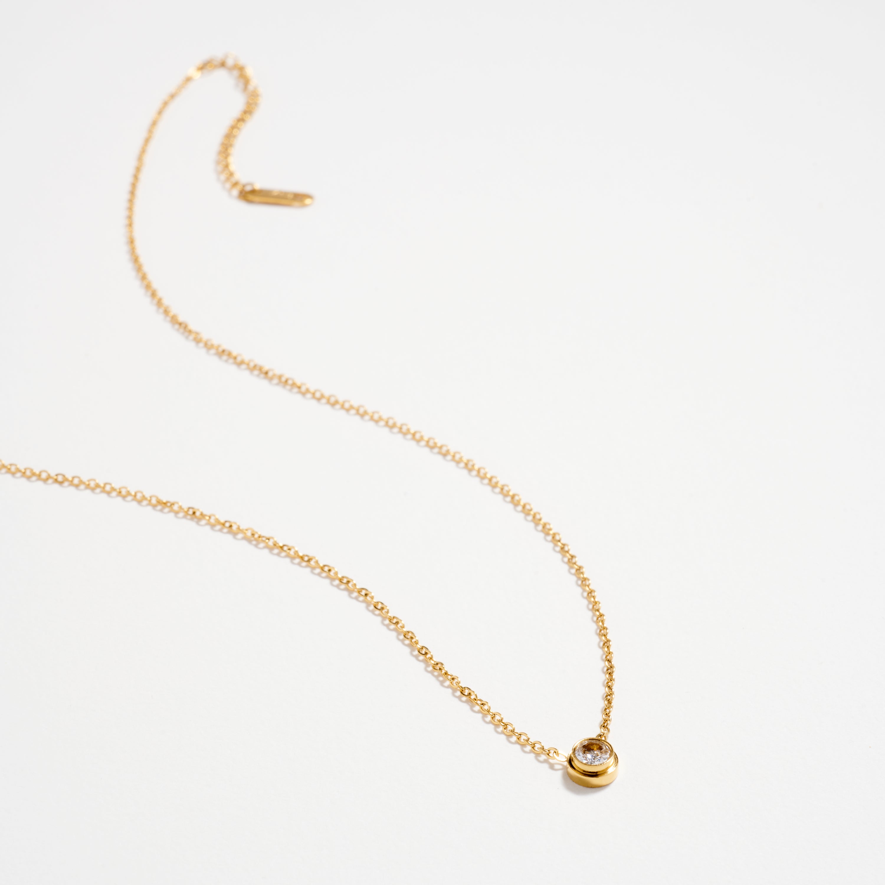 Gold CZ Solitaire Necklace – Dainty Bezel Pendant