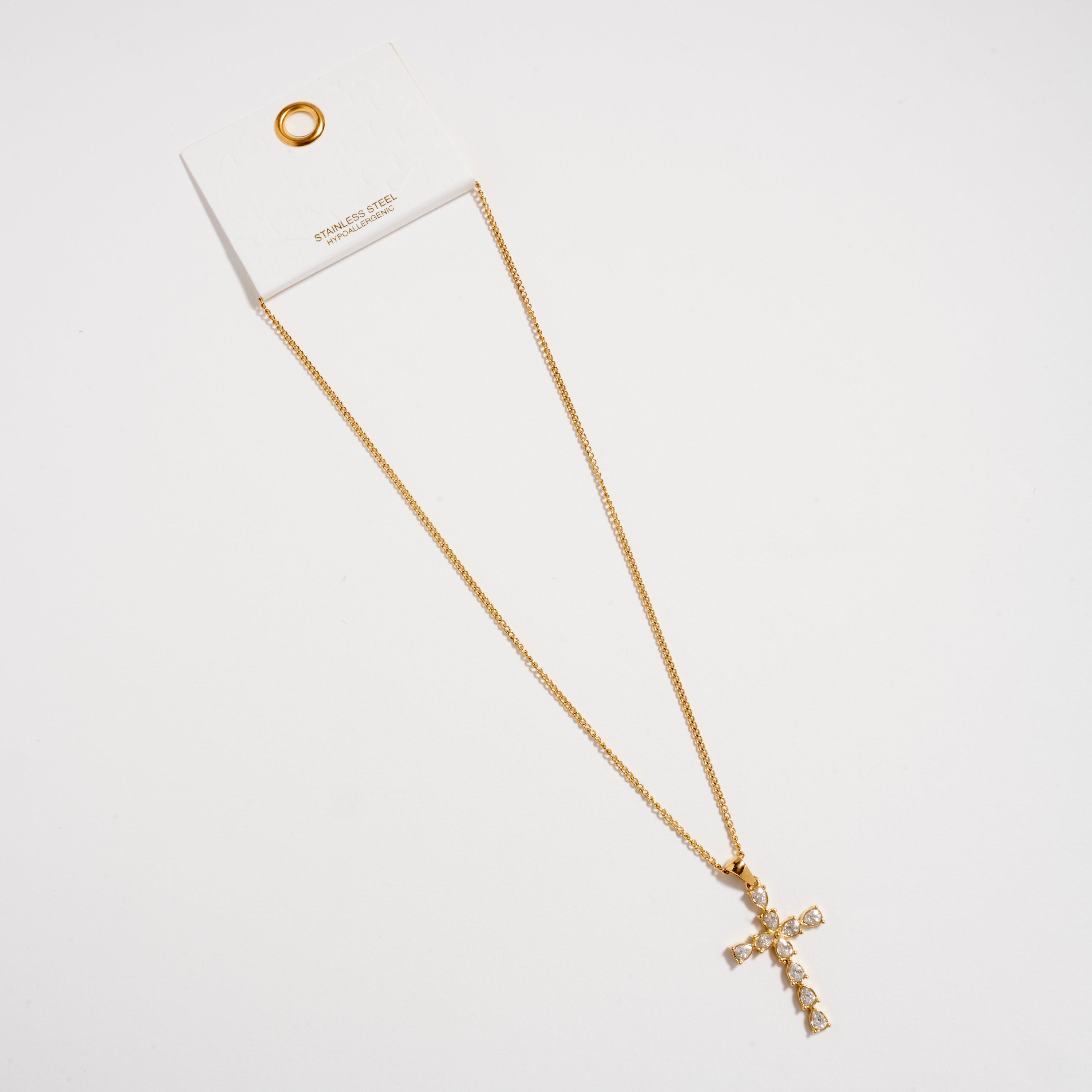 Gold Cross Necklace – Sparkling CZ Drop Pendant