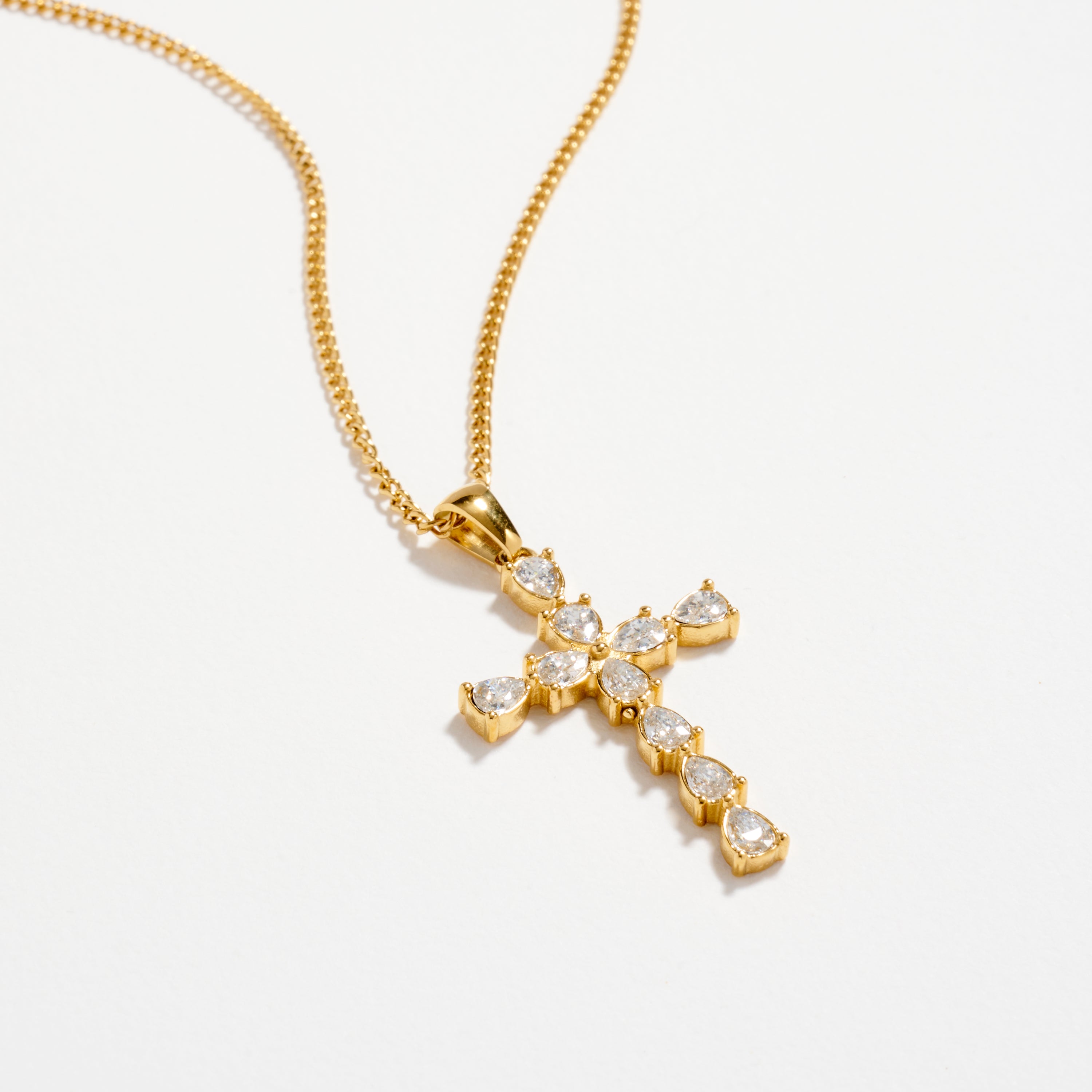 Gold Cross Necklace – Sparkling CZ Drop Pendant